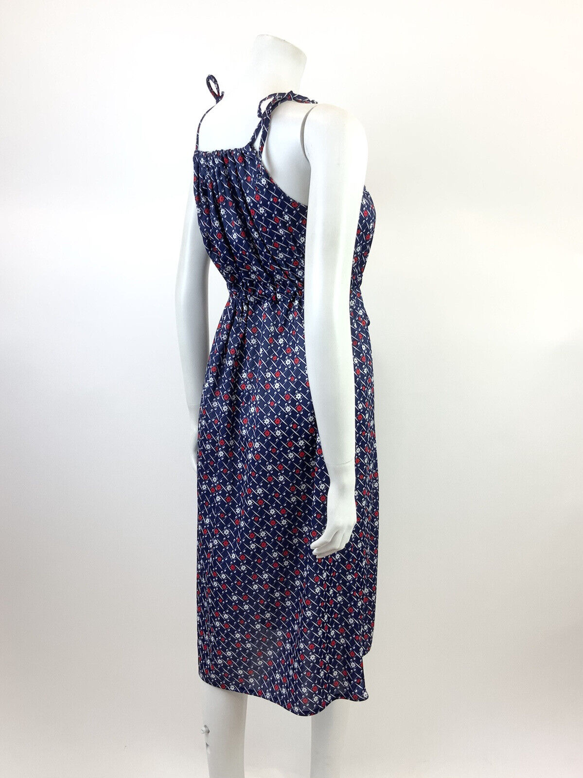 VINTAGE 70s 80s BLUE WHITE RED CHECKED GRID FLORAL STRAPPY MOD SUN DRESS 10 12