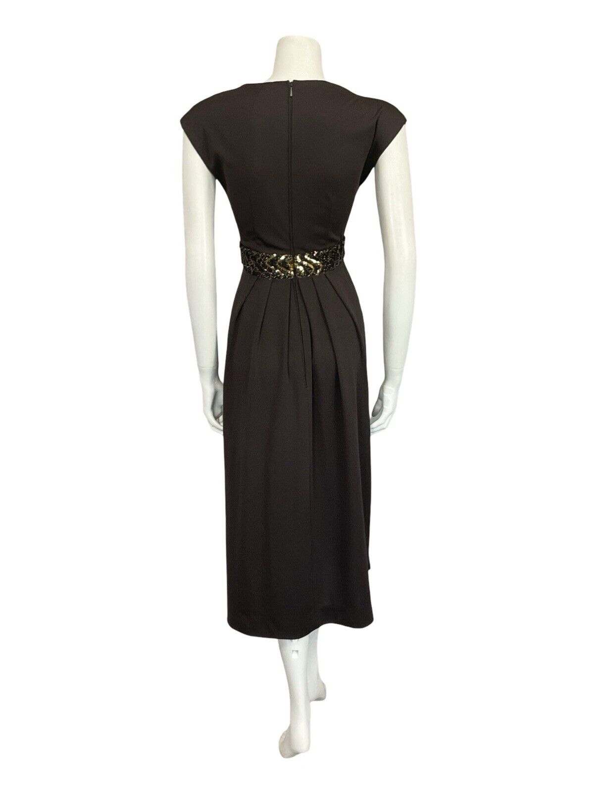 VTG 60S 70S BROWN GOLD SEQUIN BAND PLEATED TUNIC MOD PARTY MIDI DRESS 8