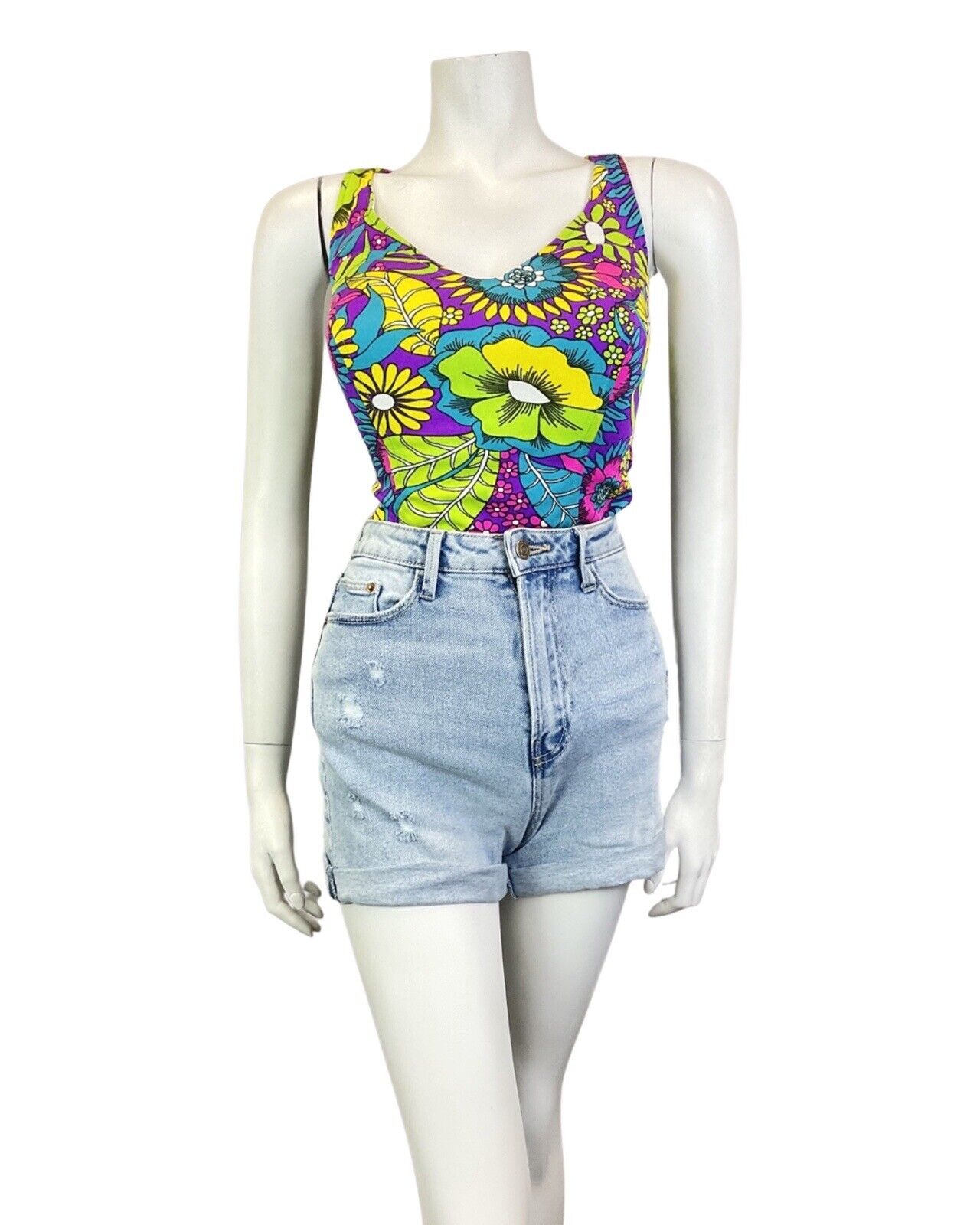 VINTAGE 60s 70s PURPLE YELLOW BLUE PSYCHEDELIC FLORAL SKIRTED SWIMSUIT 16 18