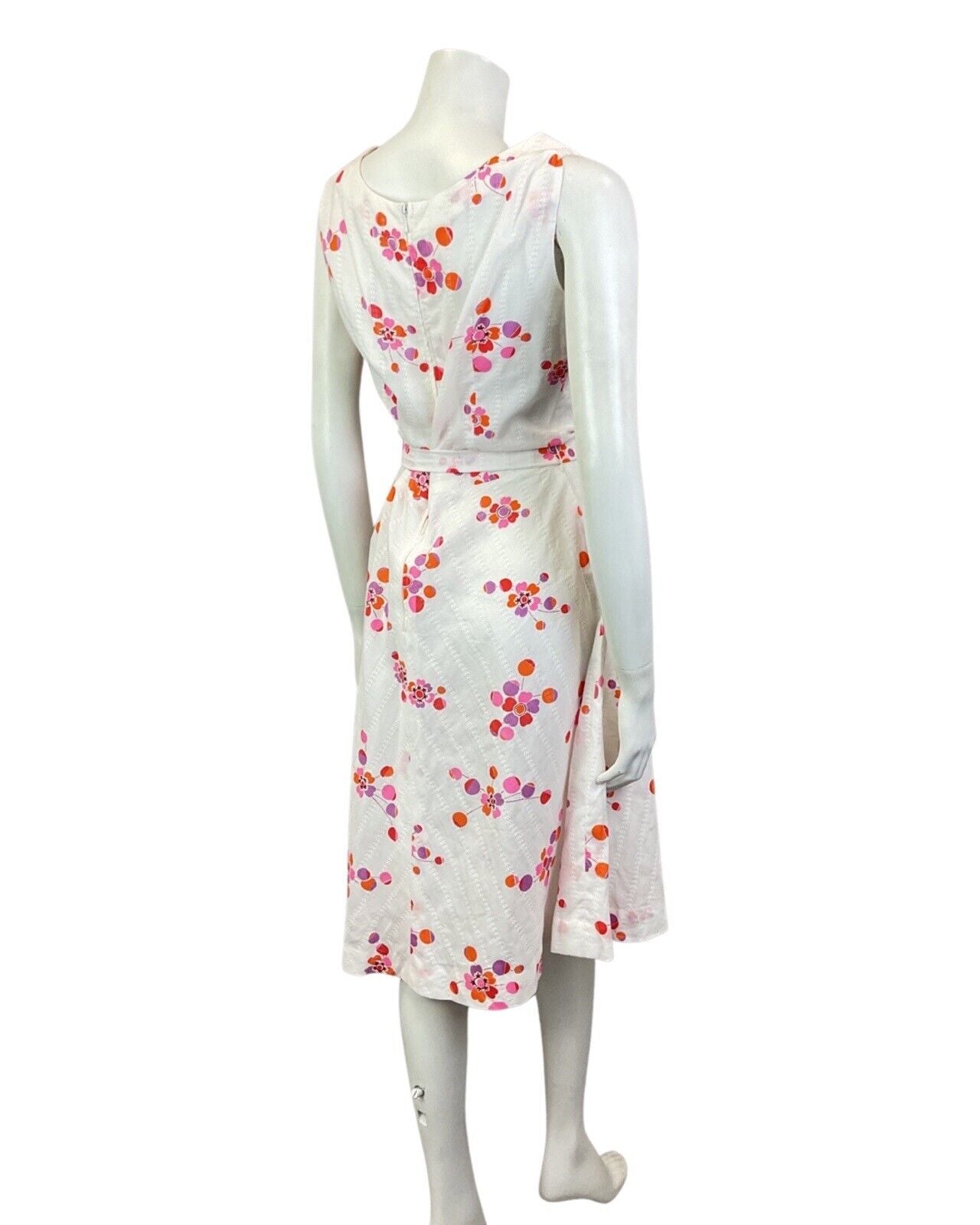 VINTAGE 60s 70s WHITE RED PINK FLORAL DOTTY MOD SLEEVELESS SUMMER DRESS 10