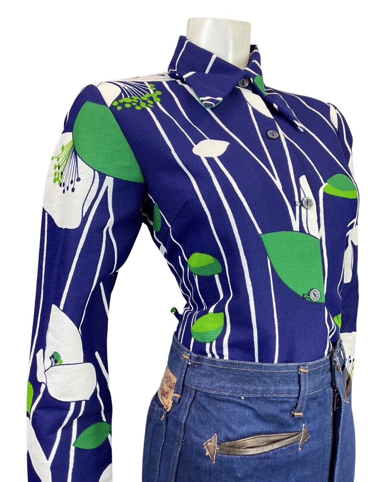 VINTAGE 60s 70s NAVY BLUE WHITE GREEN STRIPED LEAFY FLORAL DAGGER BLOUSE 14