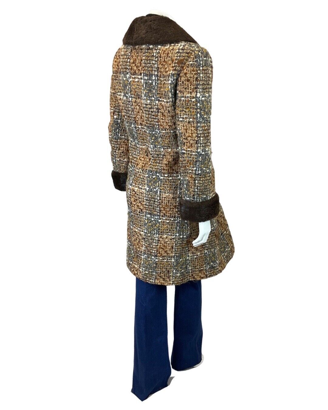 VINTAGE 60s 70s BROWN CREAM PLAID CHECKED FAUX FUR MOD WOOL COAT 16