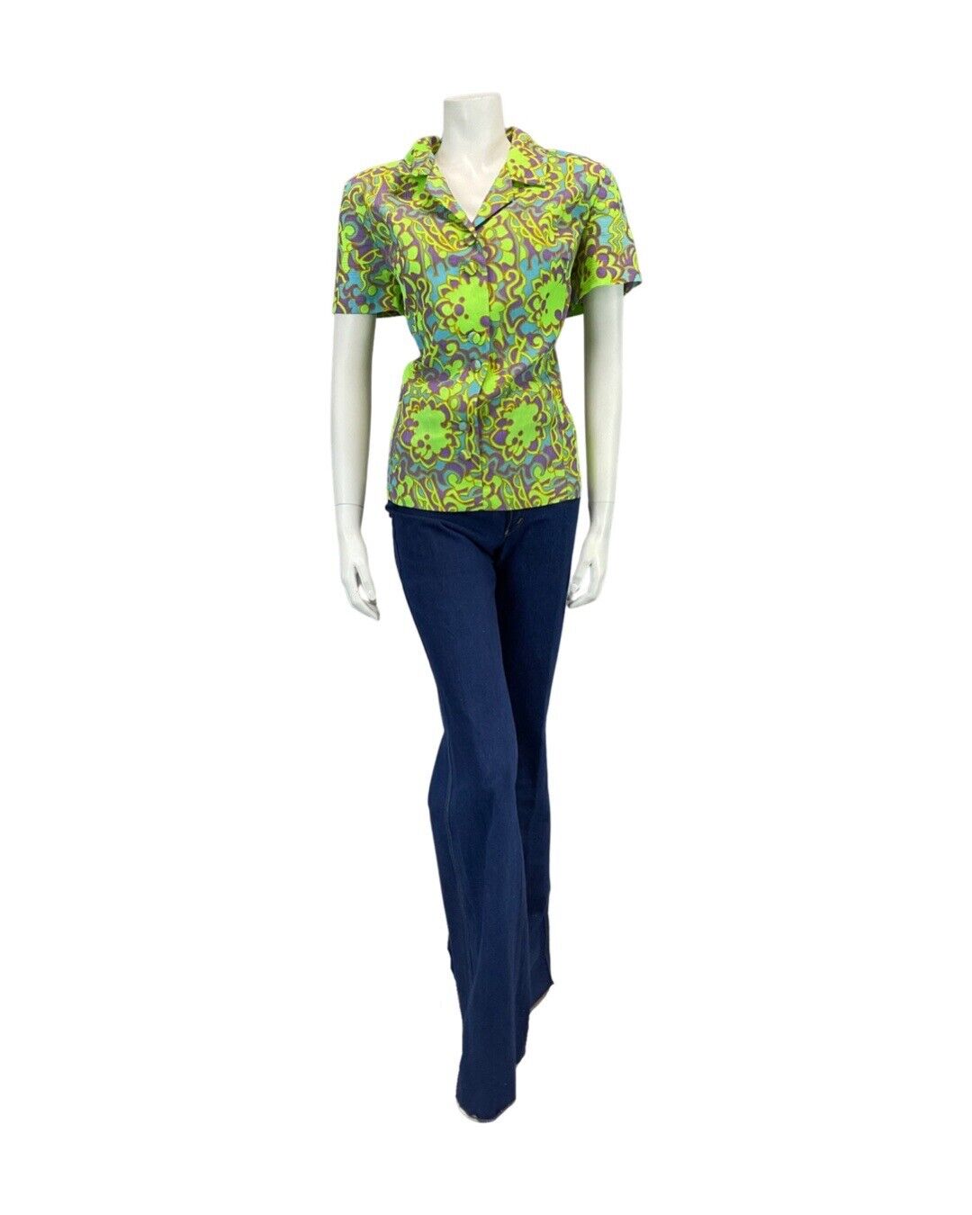 VINTAGE 60s 70s LIME GREEN PURPLE BLUE PSYCHEDELIC FLORAL MOD BLOUSE TOP 16 18