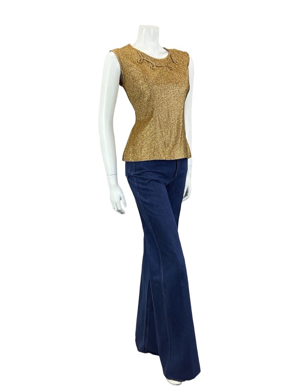 VTG 60S GOLD LUREX SWIRL PIPING ROUNDED NECK SLEEVELESS FITTED PARTY TOP 10