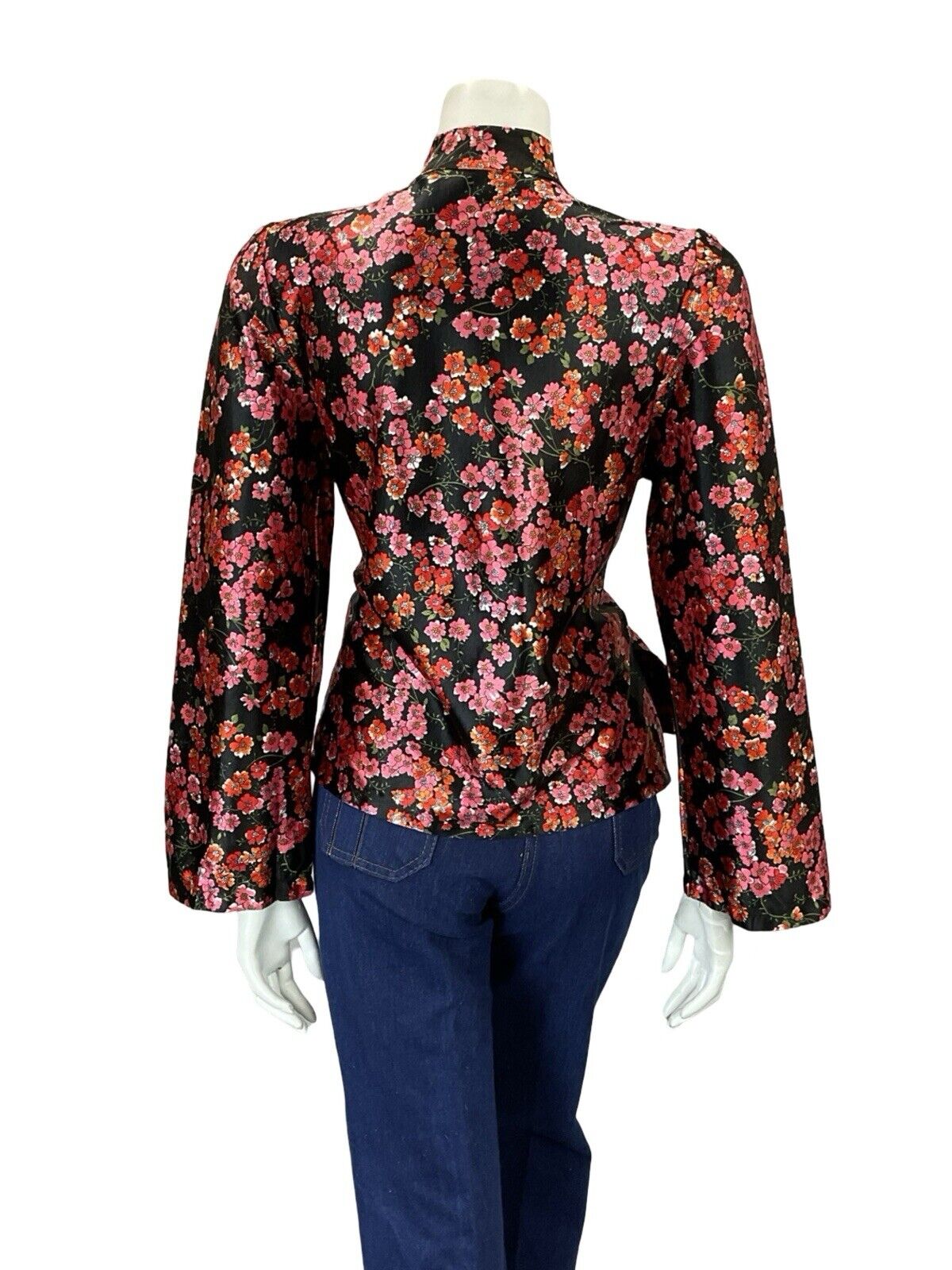 VTG 70S BLACK RED PINK FLORAL CHERRY BLOSSOM MANDARIN CHEONSAM TOP BLOUSE 8 10 S