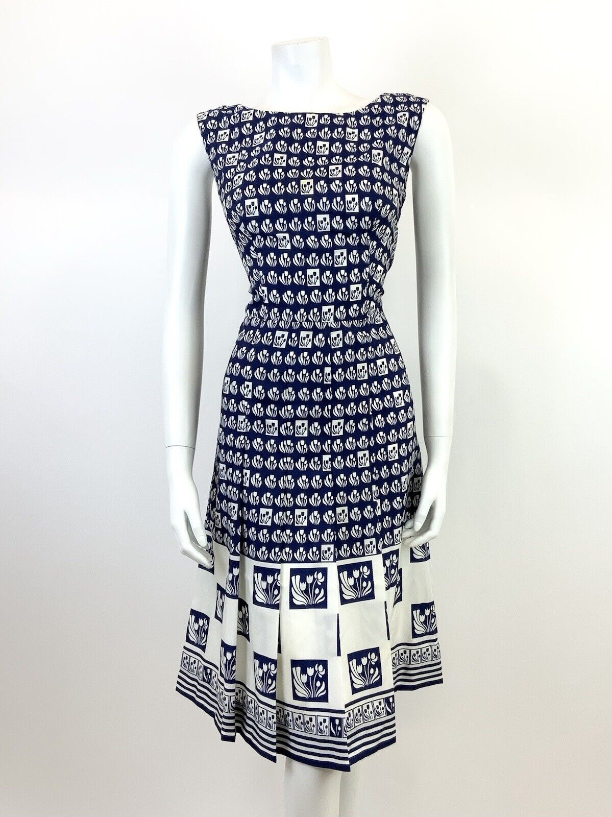 VINTAGE 60s 70s NAVY BLUE WHITE GEOMETRIC CHECKED FLORAL SLEEVELESS MOD DRESS 12