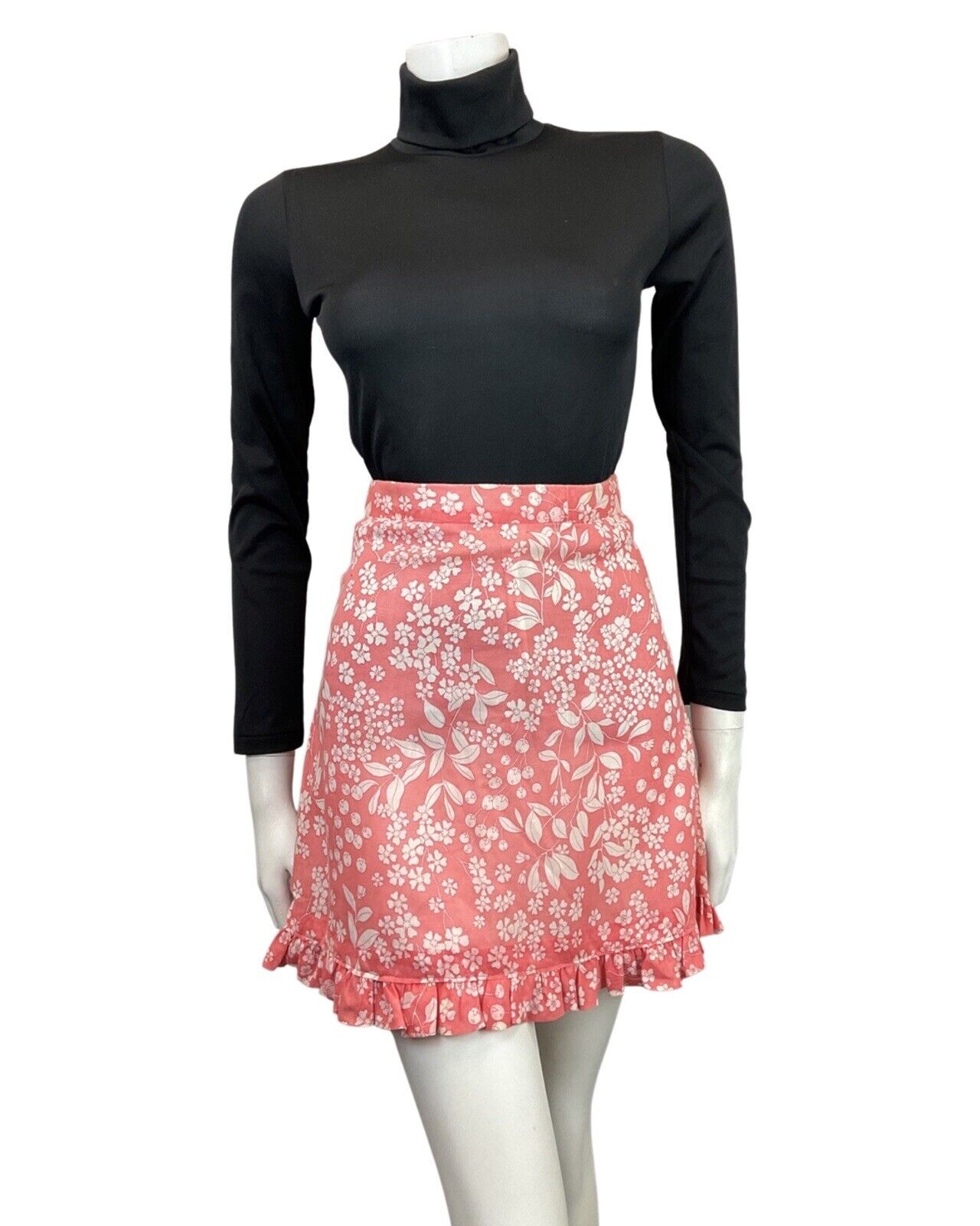 VINTAGE 60s 70s PEACH PINK WHITE FLORAL BERRY RUFFLE SHORT SKIRT 4