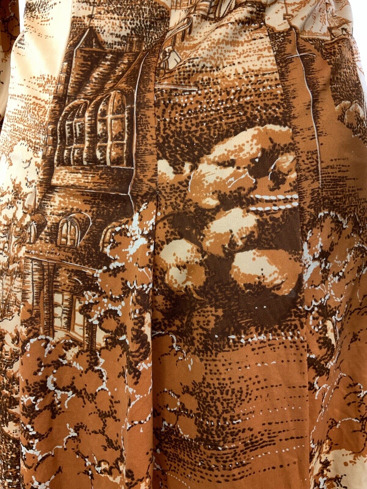 VINTAGE 60s 70s ORANGE BROWN CREAM PASTORAL FARM BOHO DAGGER SHIRT DRESS 8 10