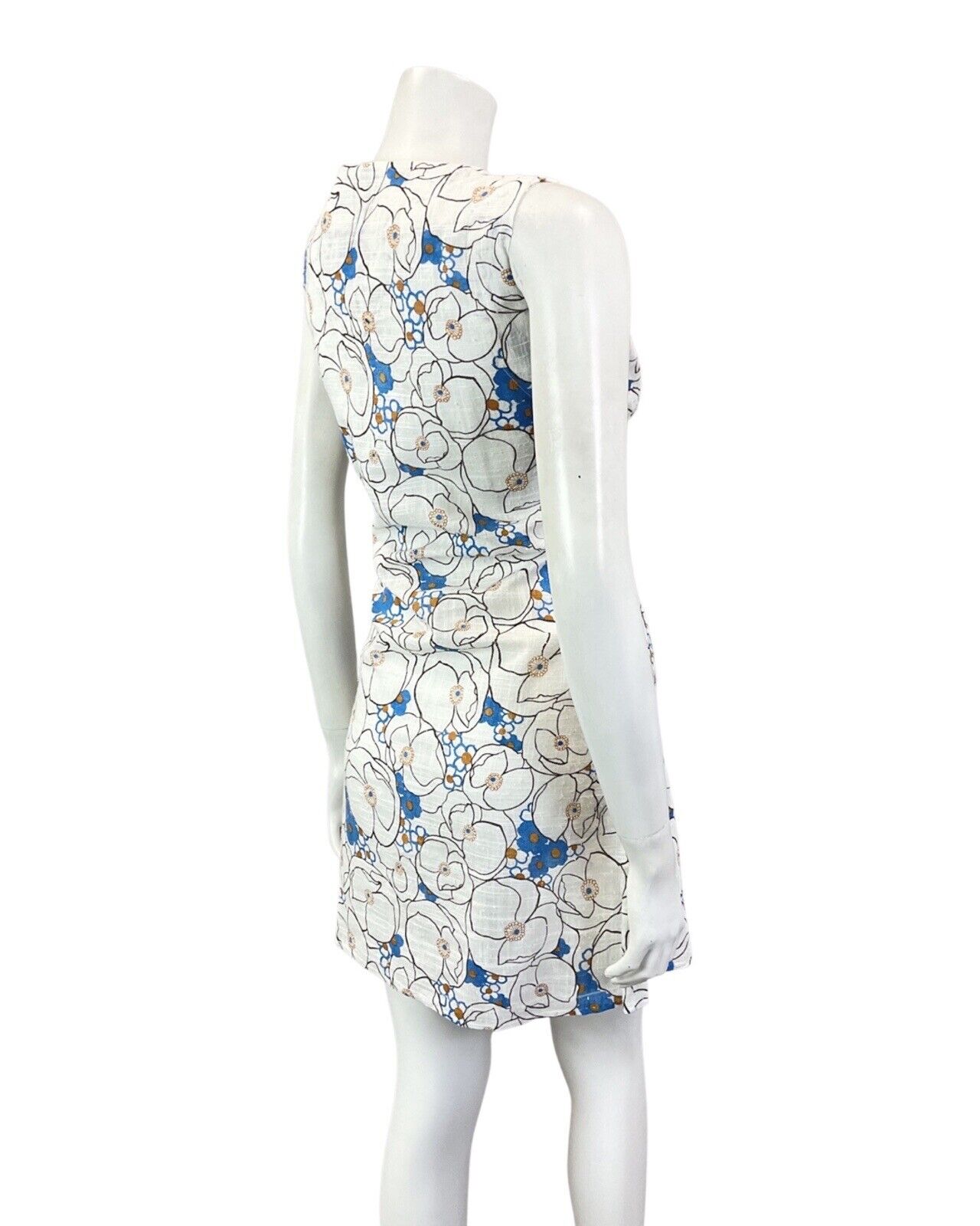 VINTAGE 60s 70s CREAM BLUE BLACK FLORAL PSYCHEDELIC MOD SLEEVELESS DRESS 8 10