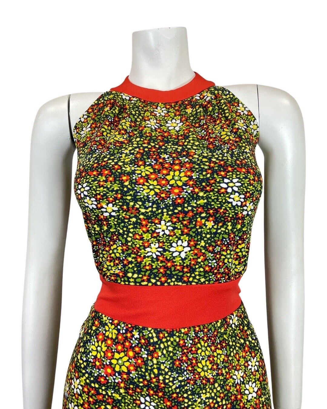VINTAGE 60s 70s GREEN BLUE RED PSYCHEDELIC DITSY FLORAL HALTER MOD DRESS 12