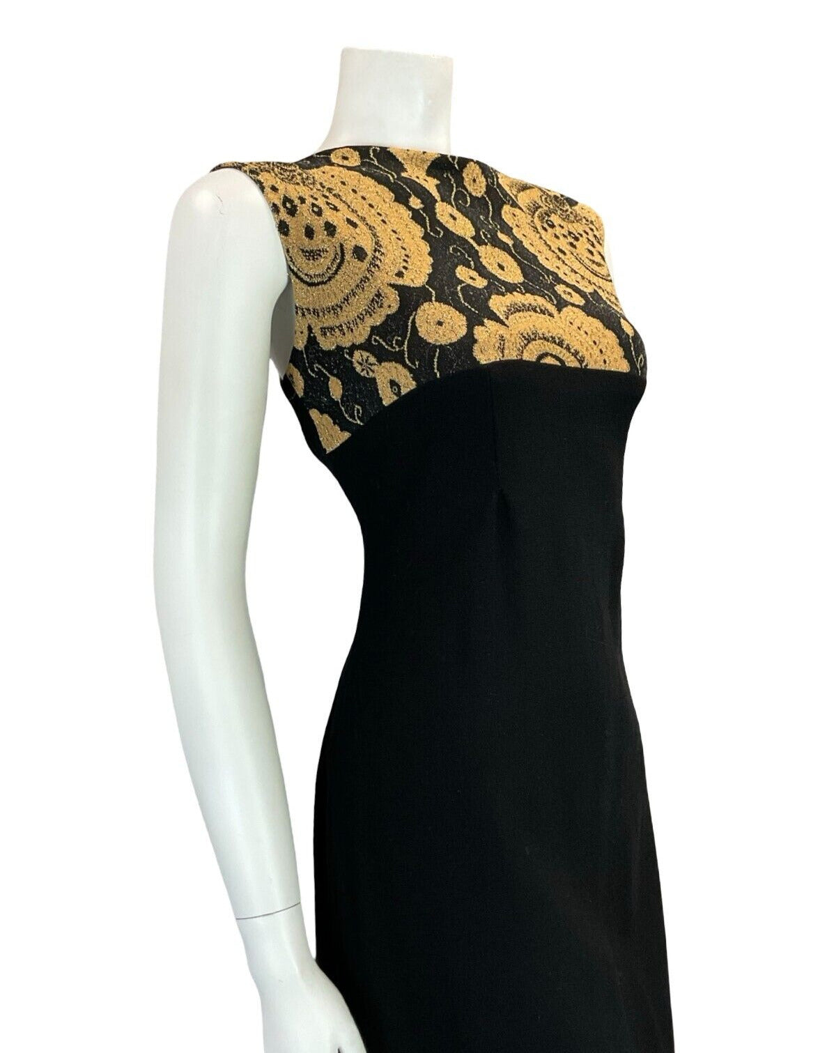 VTG 60S MOD PARTY FORM FITTING BLACK GOLD PSYCHEDELIC FLORAL SLEEVELESS DRESS 14