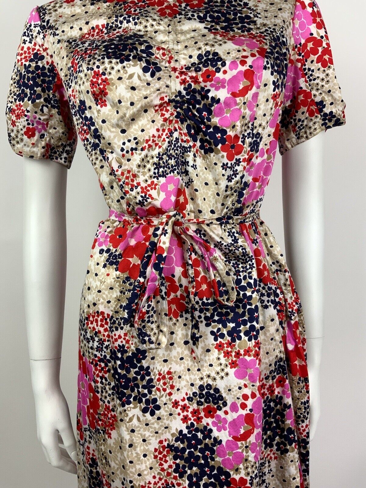 VINTAGE 60s 70s BEIGE BLUE RED PINK FLORAL DITSY PSYCHEDELIC DRESS 10 12