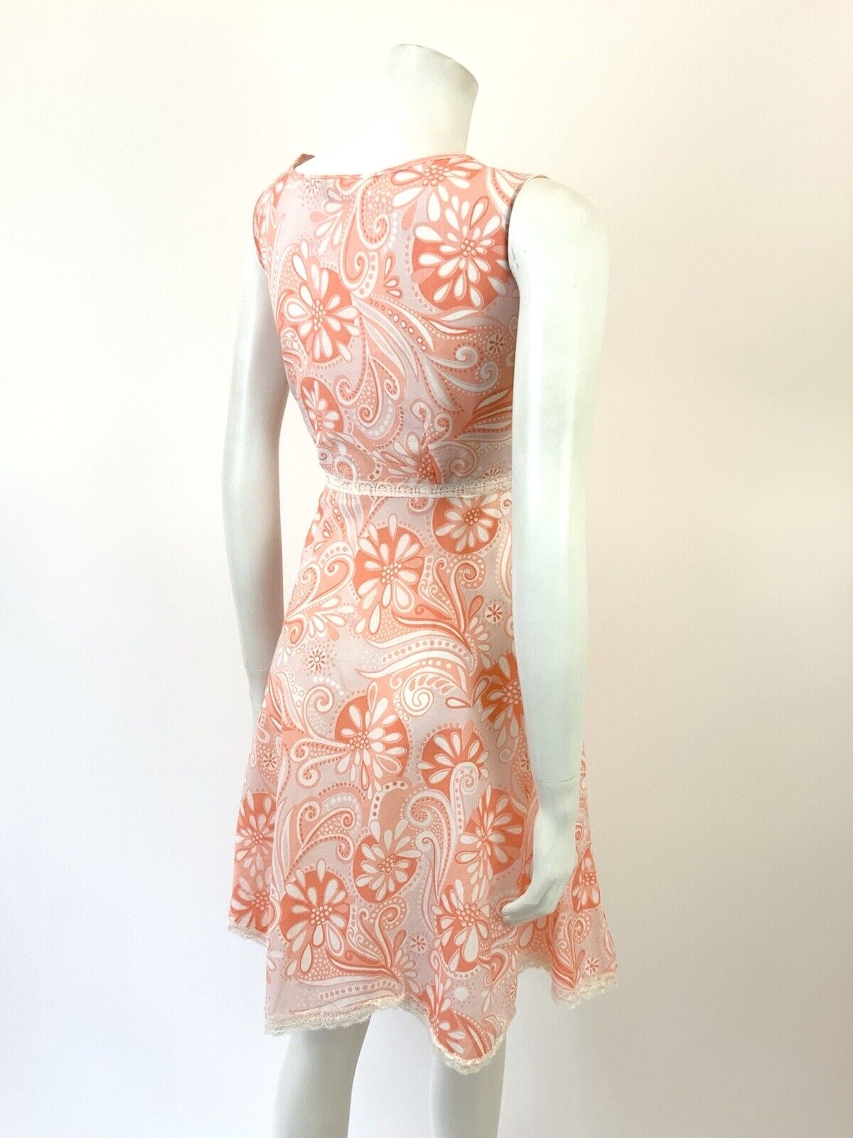 VTG 60s 70s PINK ORANGE WHITE PSYCHEDELIC FLORAL PAISLEY LACE MOD DRESS 10 12