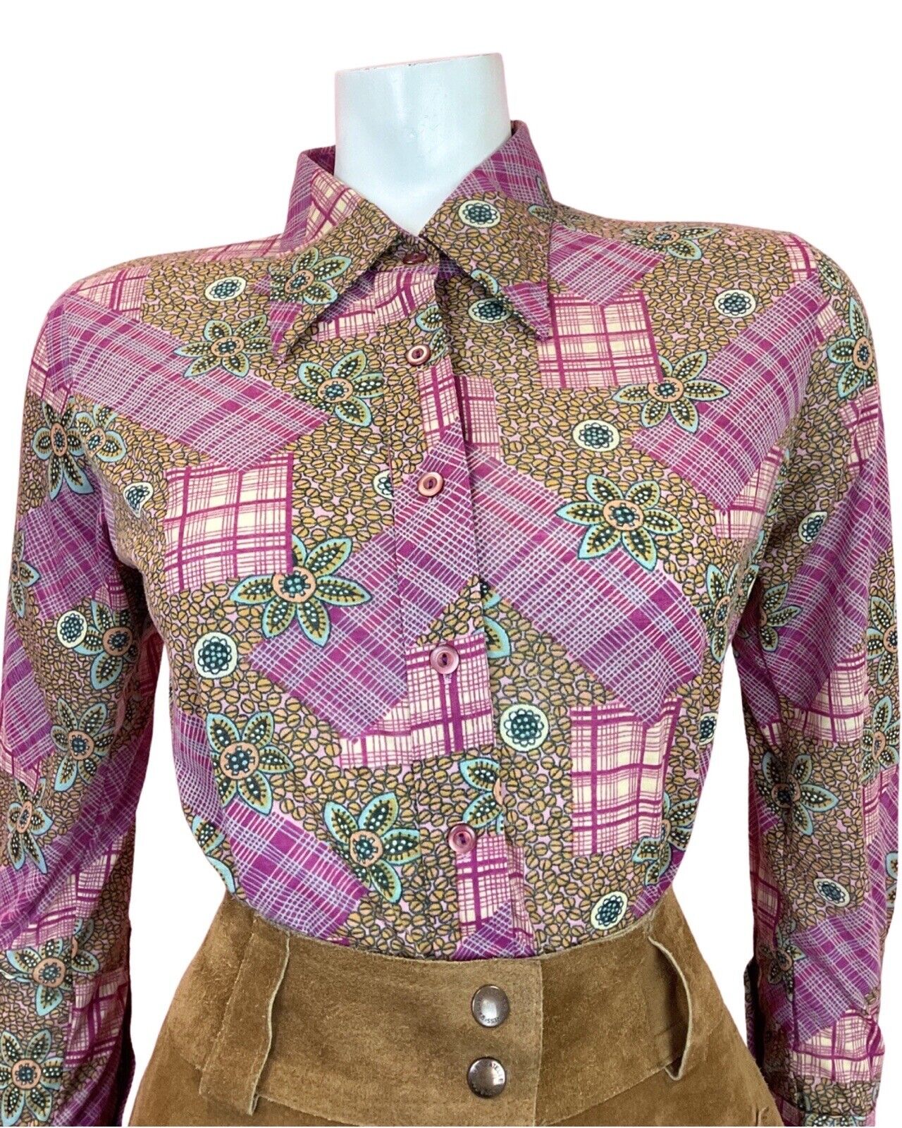 VINTAGE 60s 70s PURPLE GOLD BLUE PATCHWORK FLORAL CHECKED MOD DAGGER SHIRT 12 14