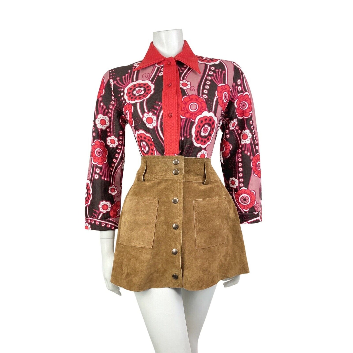 VINTAGE 60s 70s PINK RED BROWN FLORAL PSYCHEDELIC MOD DAGGER COLLAR BLOUSE 12 14