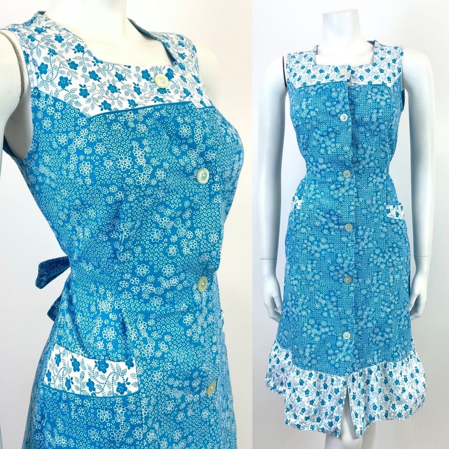 VINTAGE 60s 70s BRIGHT BLUE WHITE DOTTY FLORAL SLEEVELESS MOD SUMMER DRESS 10 12