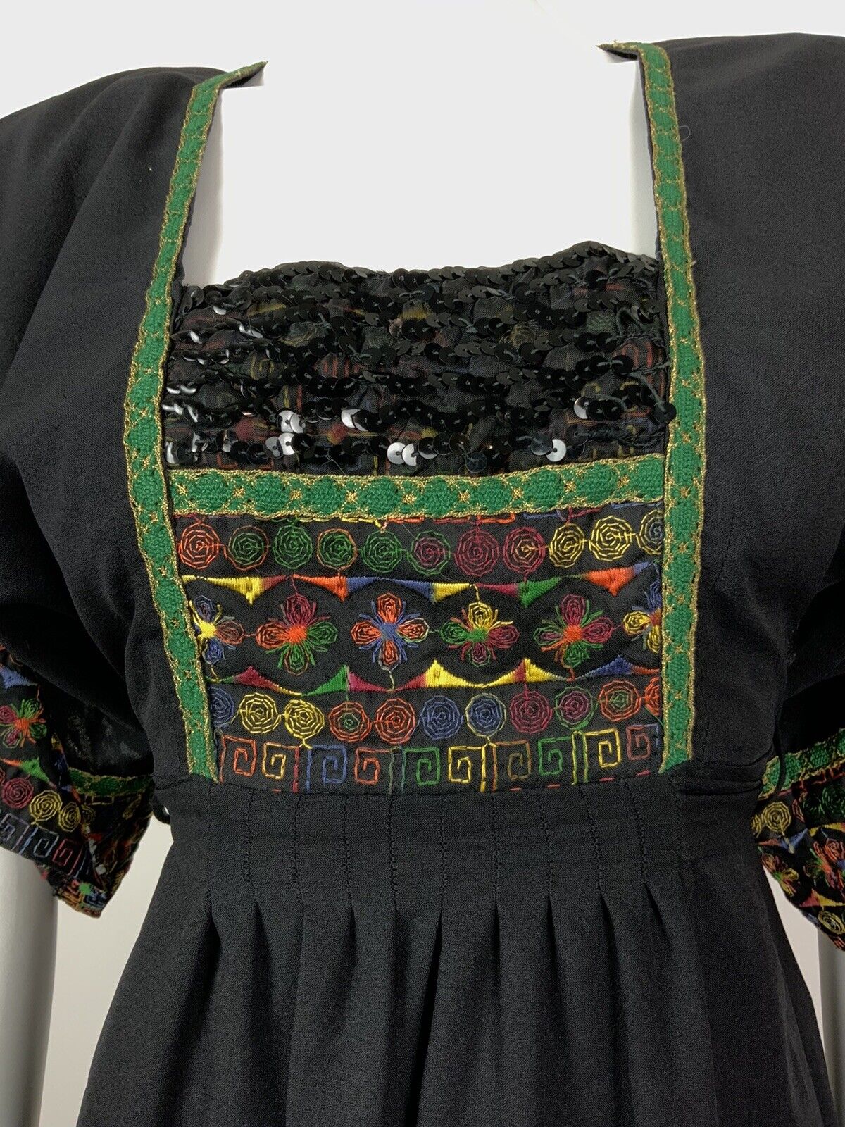 VTG 60s 70s BLACK GREEN ORANGE BLUE EMBROIDERED SEQUIN ETHNIC FOLK BOHO DRESS 8