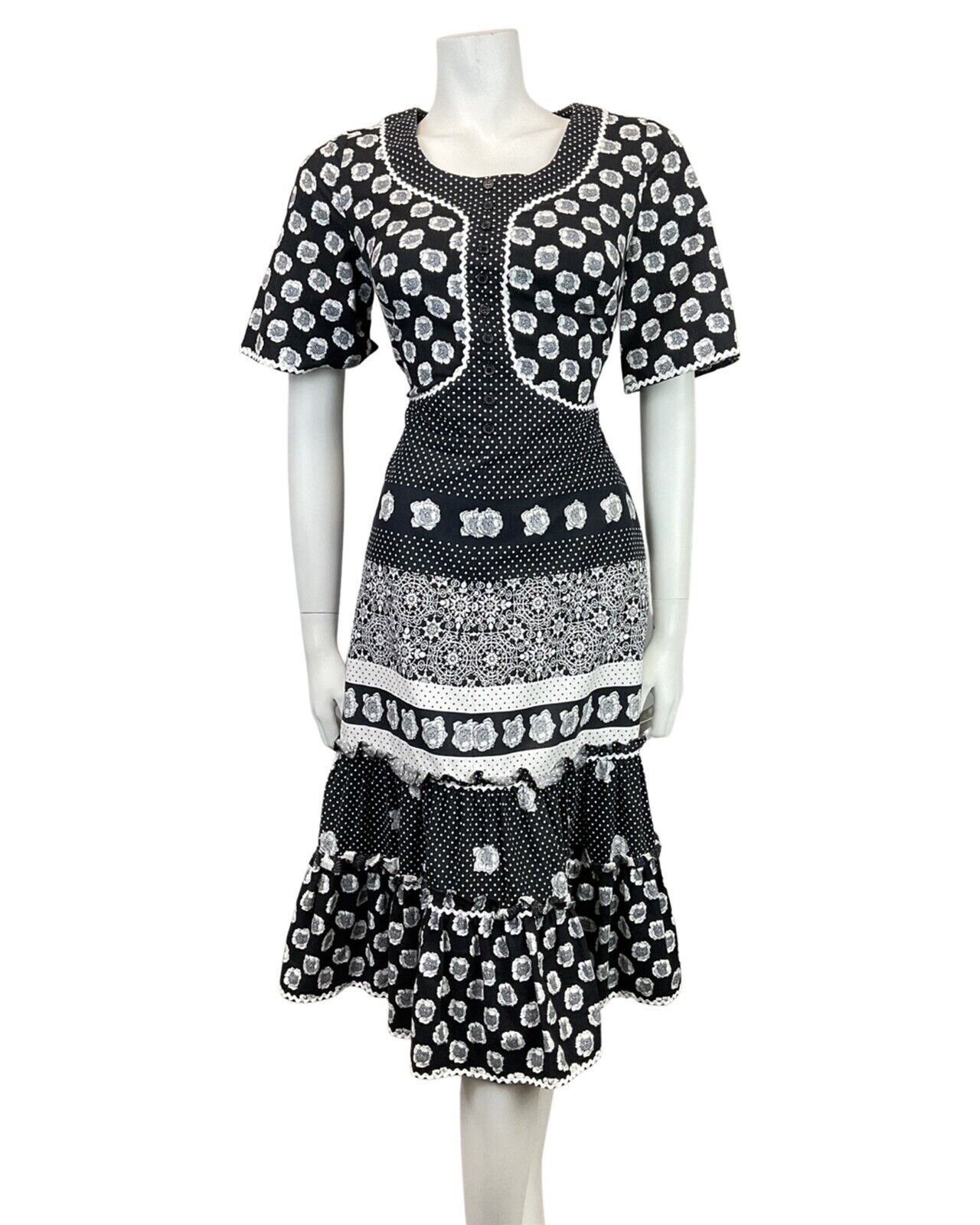 VINTAGE 60s 70s BLACK WHITE FLORAL POLKA-DOT RICRAC MOD RUFFLE DRESS 10
