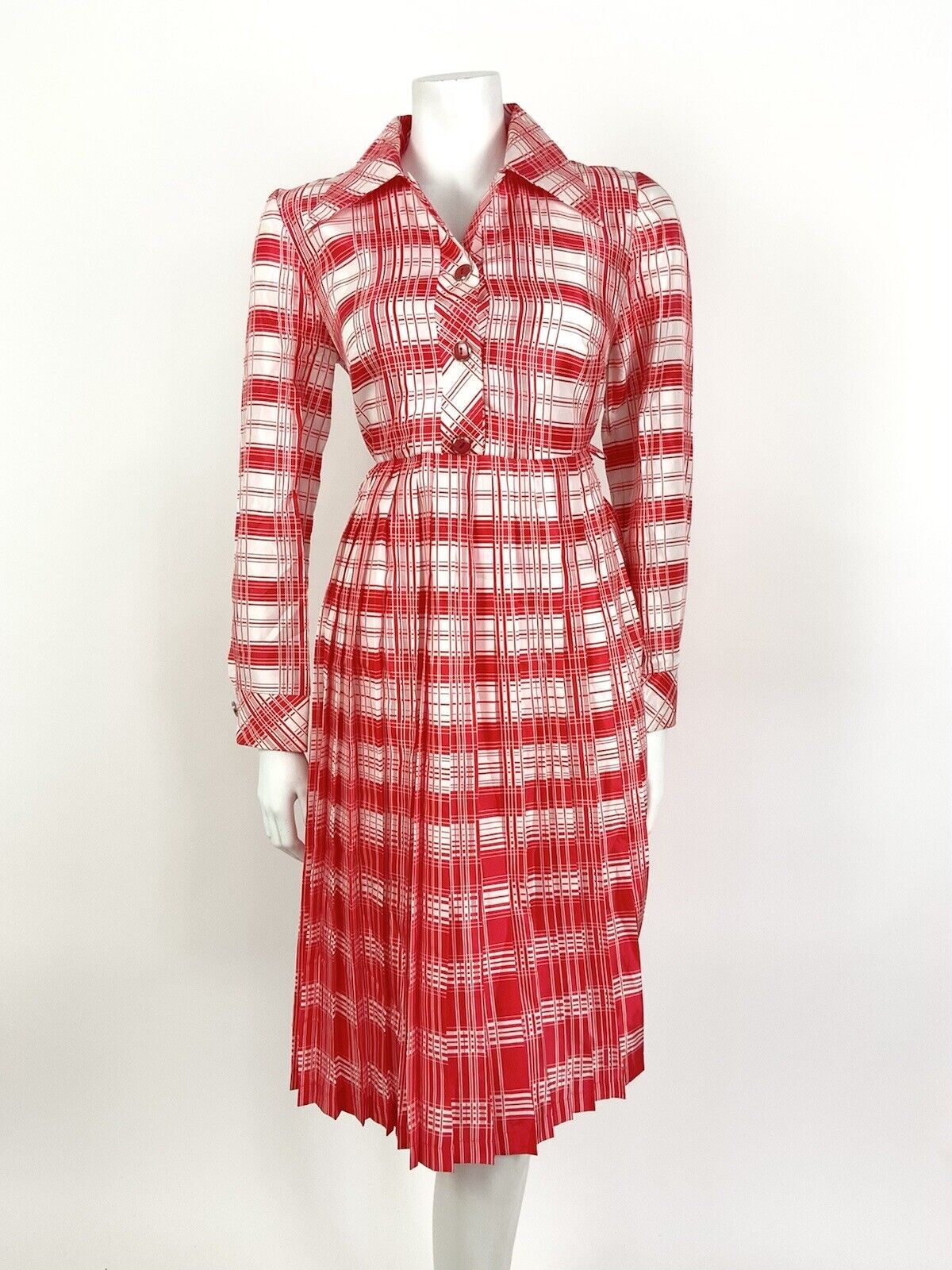 VINTAGE 60s 70s RED WHITE CHECKED PLAID MOD DAGGER COLLAR SHIRT DRESS 12