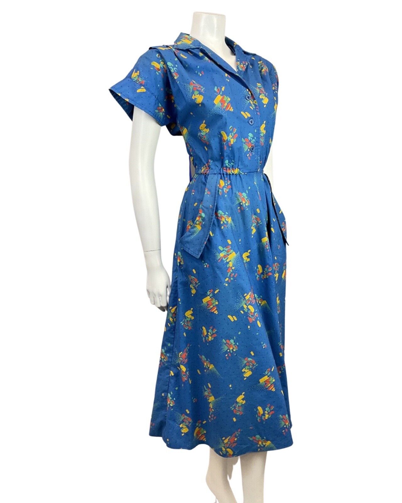 VTG 80s does 50s BLUE ORANGE GREEN ABSTRACT PAINT-STROKE SHIRT TEA-DRESS 10 12