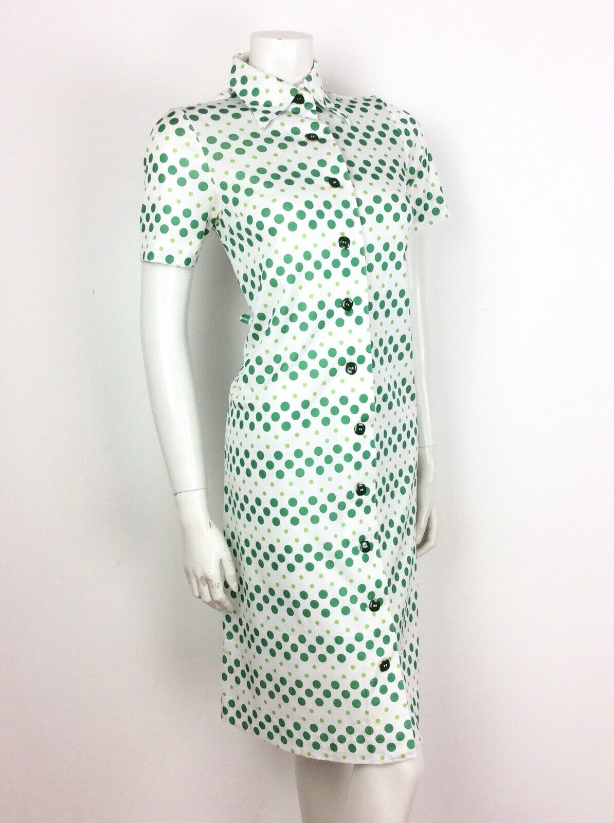 VINTAGE 60s 70s POLKA DOT SPOTTY WHITE GREEN SHIRT DRESS 8 10