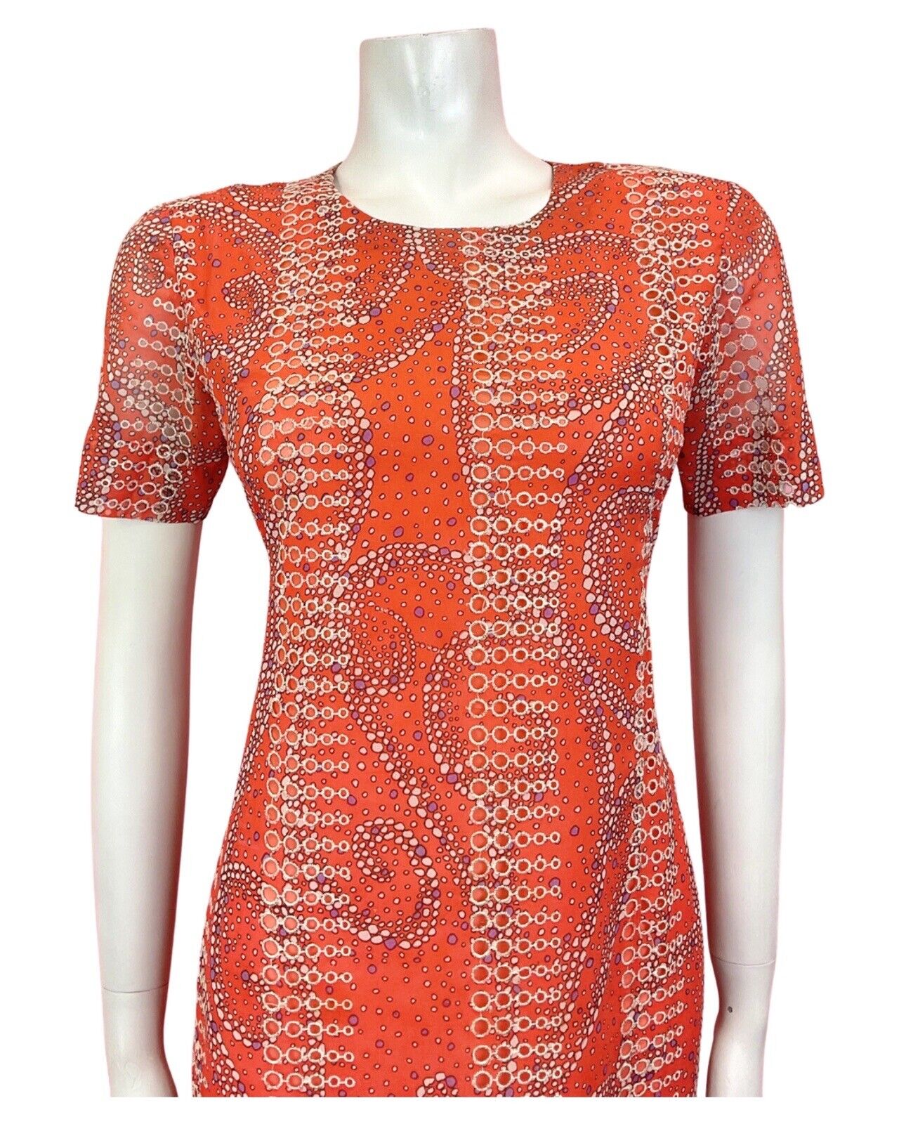 VINTAGE 60s 70s ORANGE WHITE PURPLE CUT-OUT SWIRL DOTTY MOD SHORT DRESS 8 10
