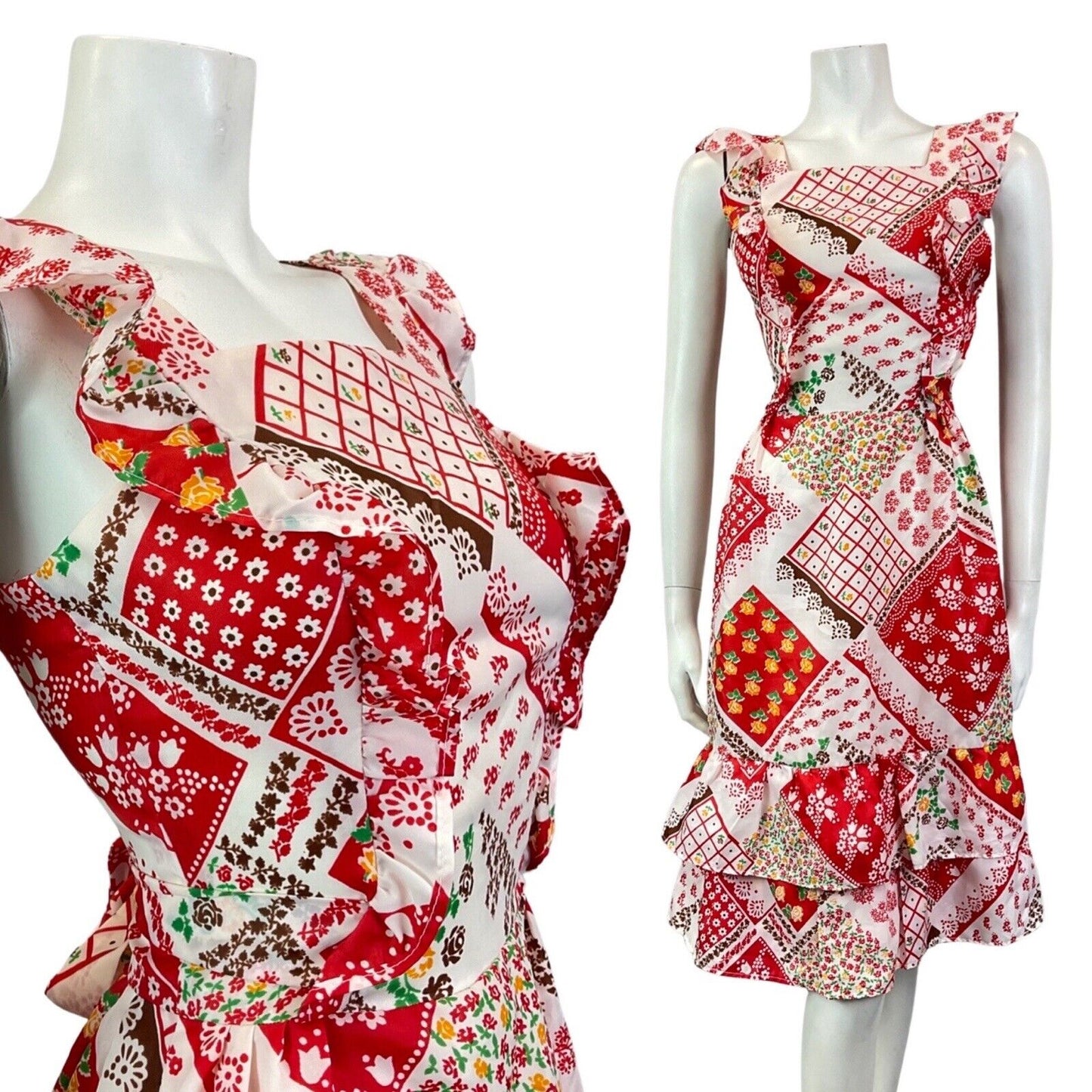 VINTAGE 60s 70s RED WHITE YELLOW PATCHWORK FLORAL PRAIRIE FOLK SUMMER DRESS 4