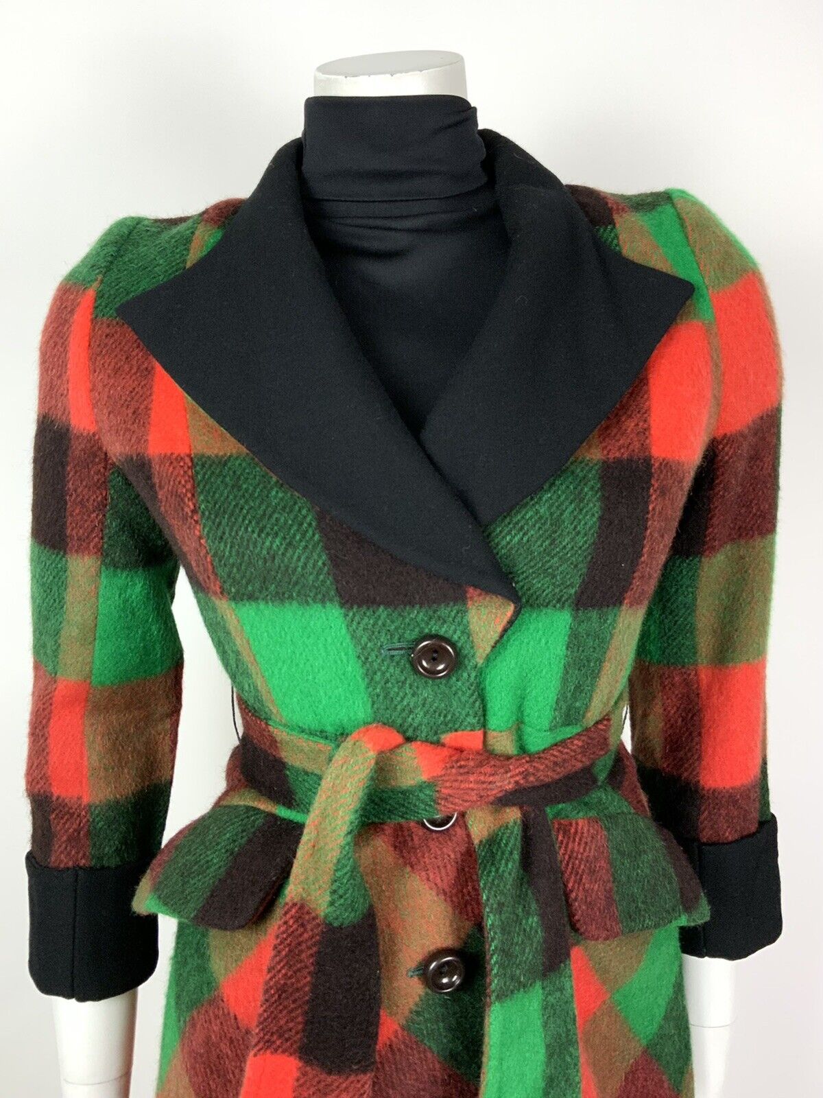 VTG 90s DOES 70S GREEN ORANGE BLACK CHECK BELTED PRINCESS SHORT WOOL COAT 8
