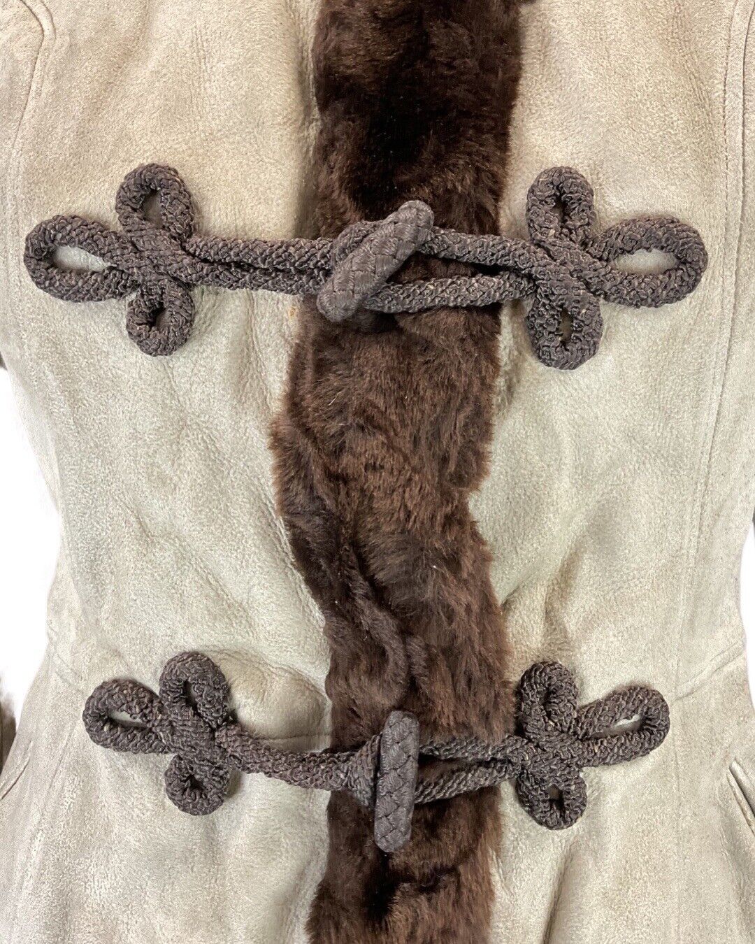 VINTAGE 60s 70s PEANUT BROWN ZHIVAGO BROCADE SUEDE LEATHER SHEARLING COAT 6 8