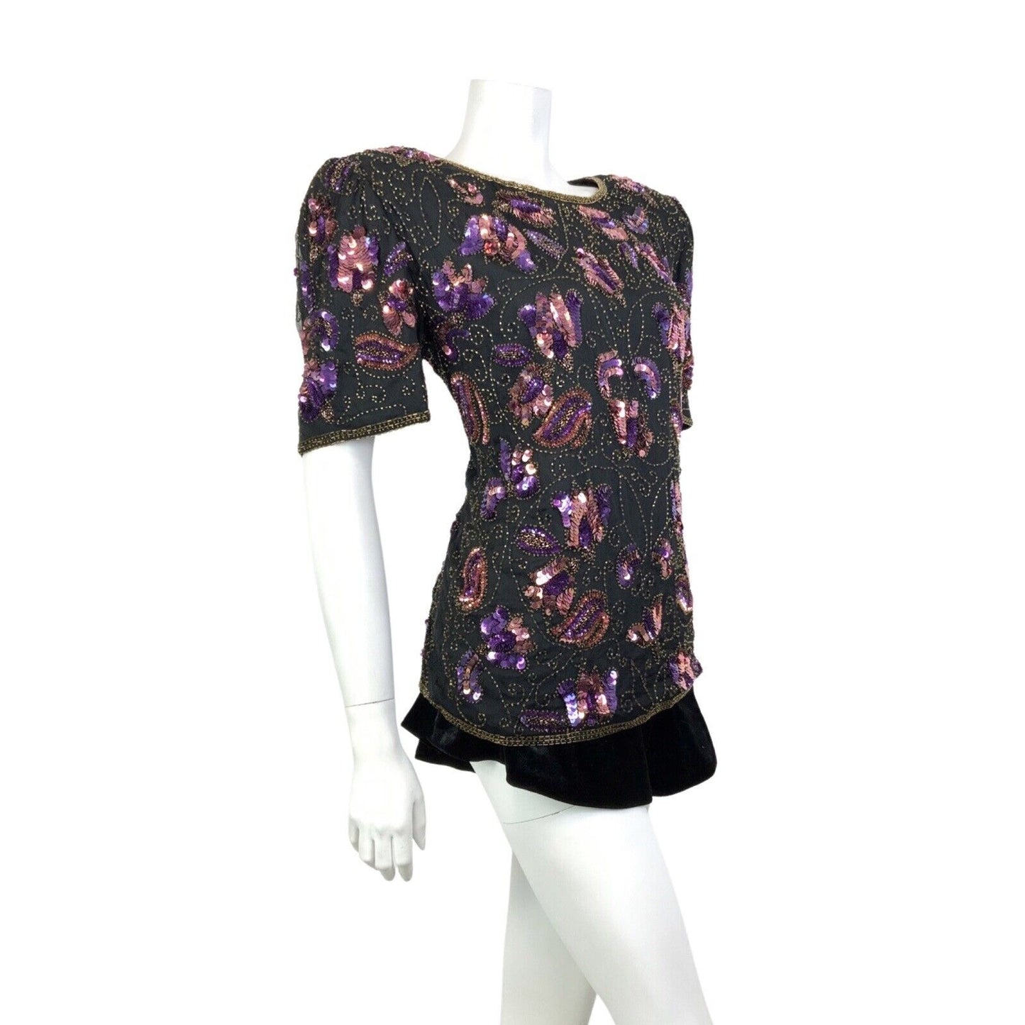VINTAGE 70s BLACK PURPLE GOLD FLORAL SWIRL SEQUIN DISCO GLAM PARTY TOP 14 16