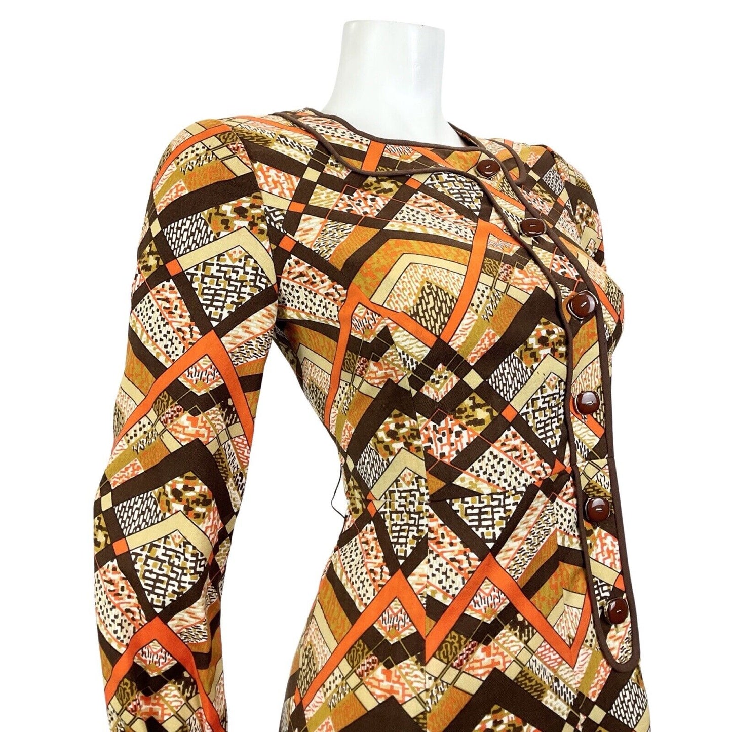 VINTAGE 60s 70s BROWN CREAM ORANGE GEOMETRIC PSYCHEDELIC MOD LONGSLEEVE DRESS 8