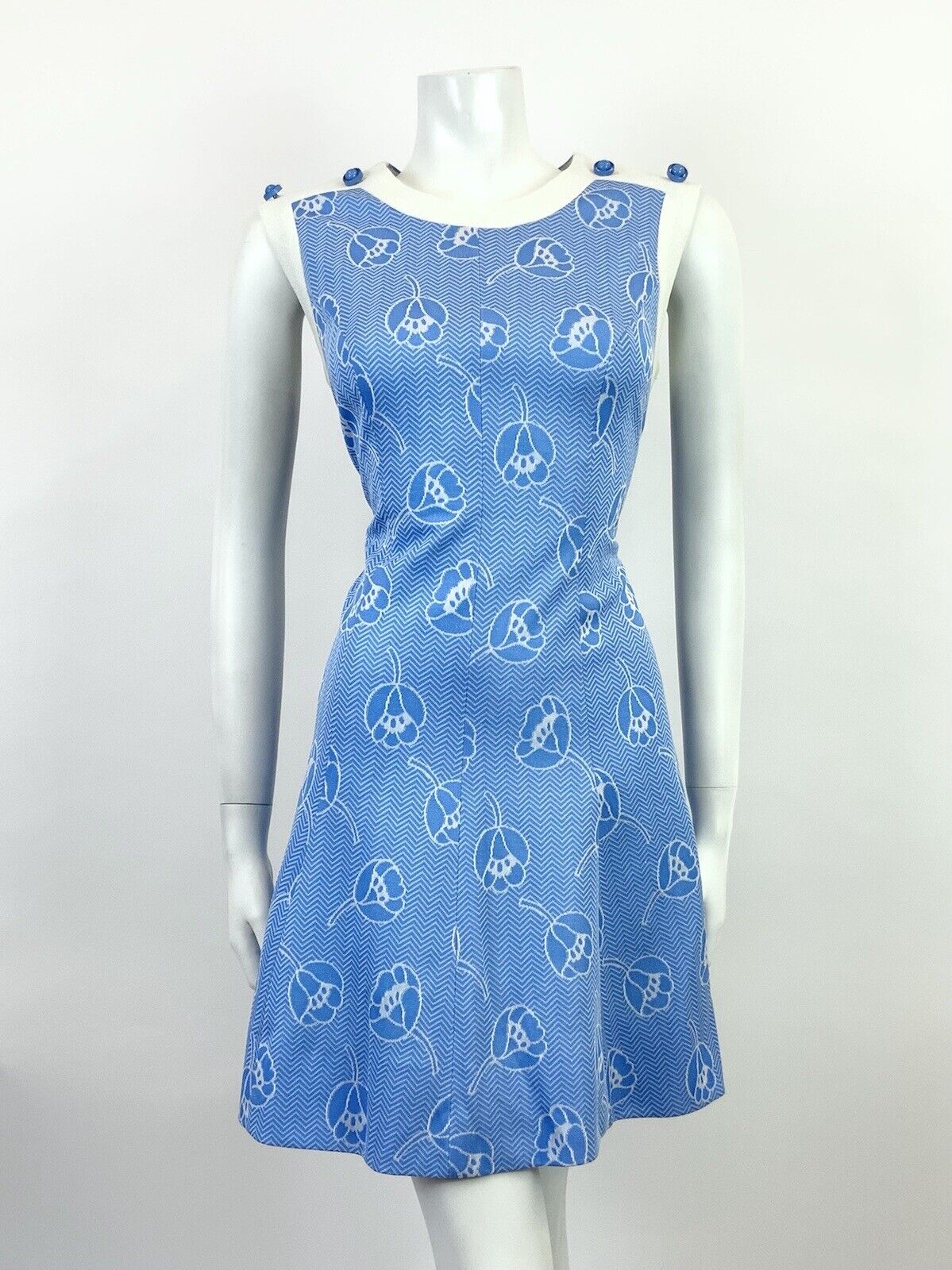 VTG 60s 70s BLUE WHITE ZIG ZAG CHEVRON FLORAL SLEEVELESS MOD MINI DRESS 12 14