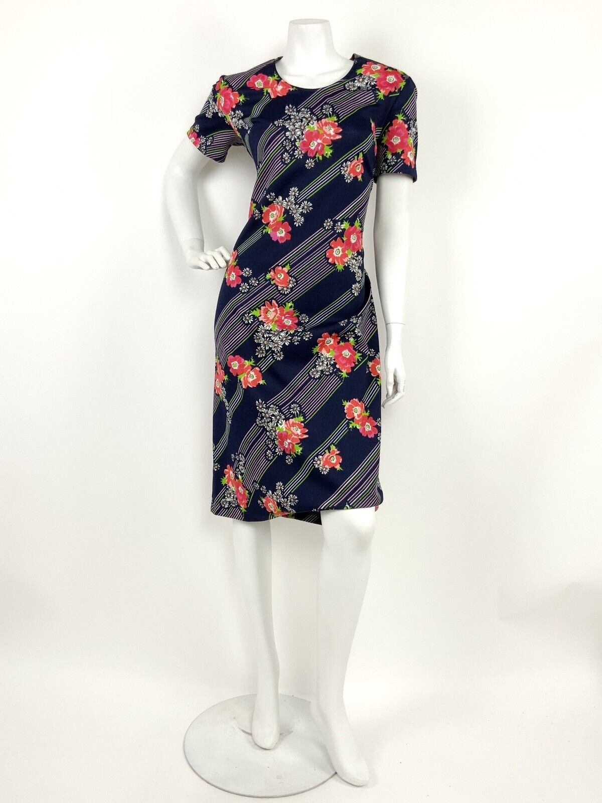 VINTAGE 60s 70s BLUE WHITE GREEN RED PINK STRIPED FLORAL DAISY SHIFT DRESS 12 14