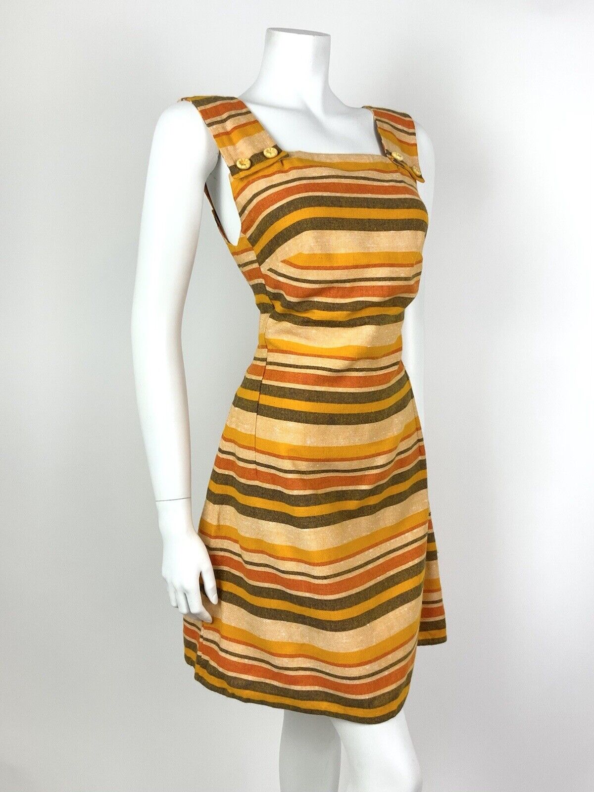 VINTAGE 60s 70s YELLOW ORANGE RED BLACK STRIPED MOD STRAPPY PINNY DRESS 10