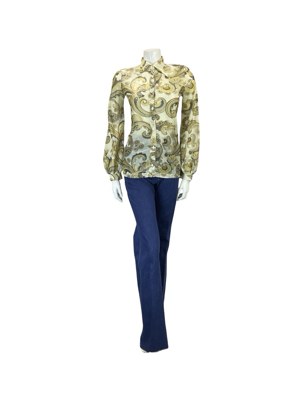VTG 60S 70S CREAM YELLOW BLACK PSYCHEDELIC SHIMMERY DAGGER COLLAR PARTY SHIRT 6