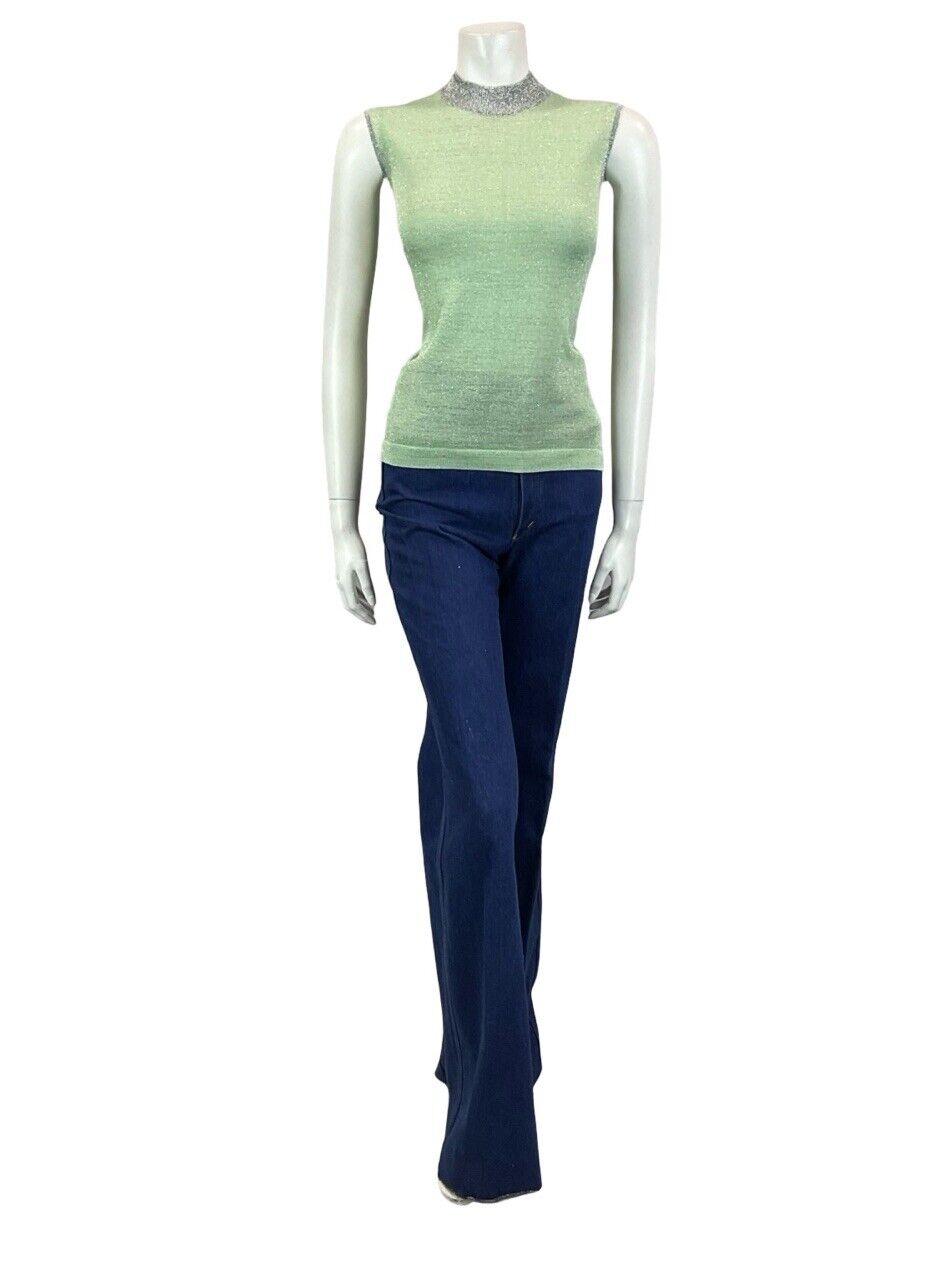 VTG 60S MOD GOGO PASTEL GREEN SILVER LUREX HIGH NECK BOXY PARTY TANK TOP 10