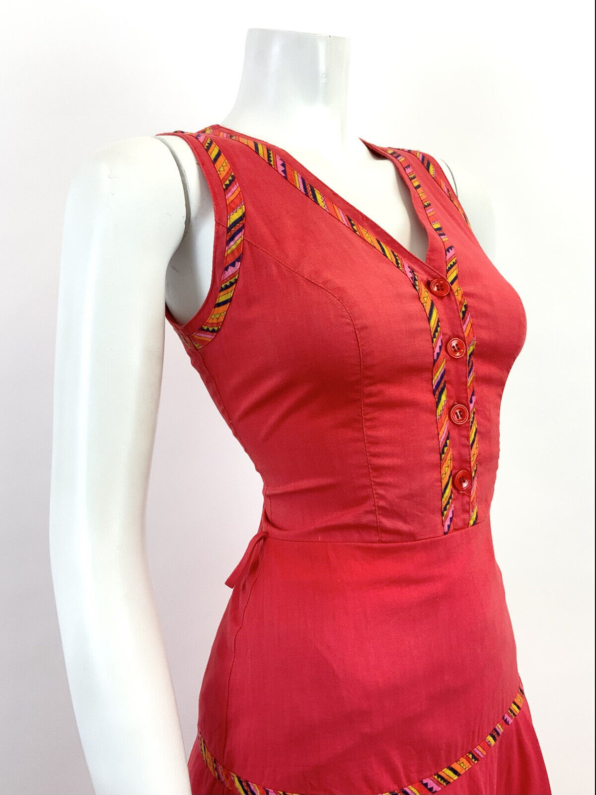 VTG 60s 70s FOLK RED ORANGE BLACK STRIPED GEOMETRIC AZTEC TIERED MOD DRESS 8 10