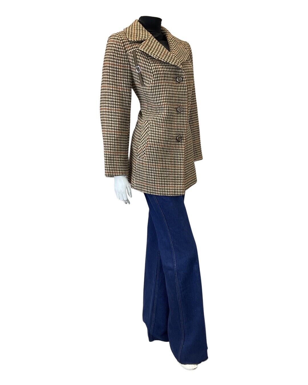 VINTAGE 60s 70s BROWN GREEN CREAM TWEED HOUNDSTOOTH SHORT WOOL COAT 14