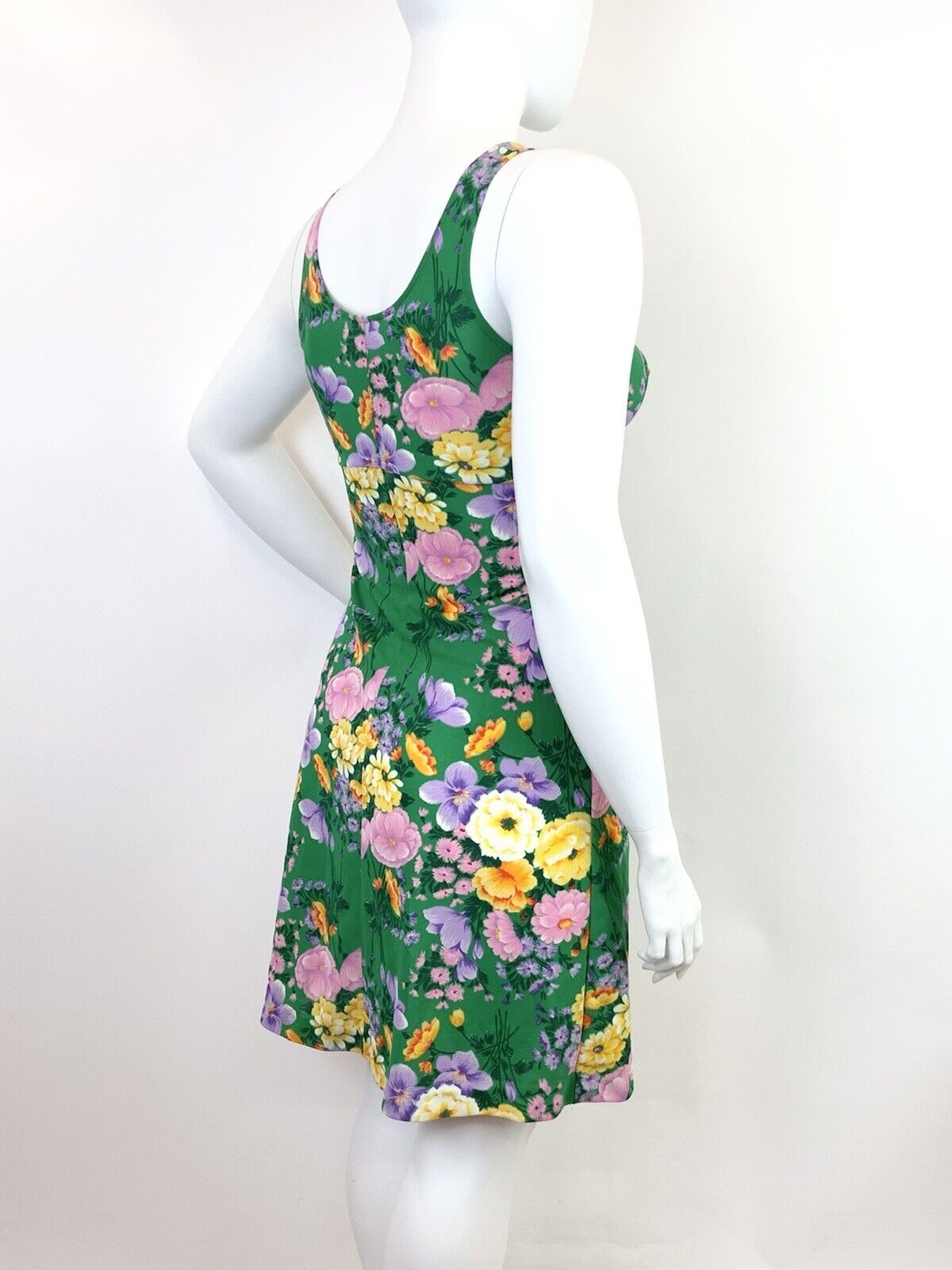 VINTAGE 60s 70s GREEN PURPLE YELLOW FLORAL SLEEVELESS SUMMER SWING DRESS 14