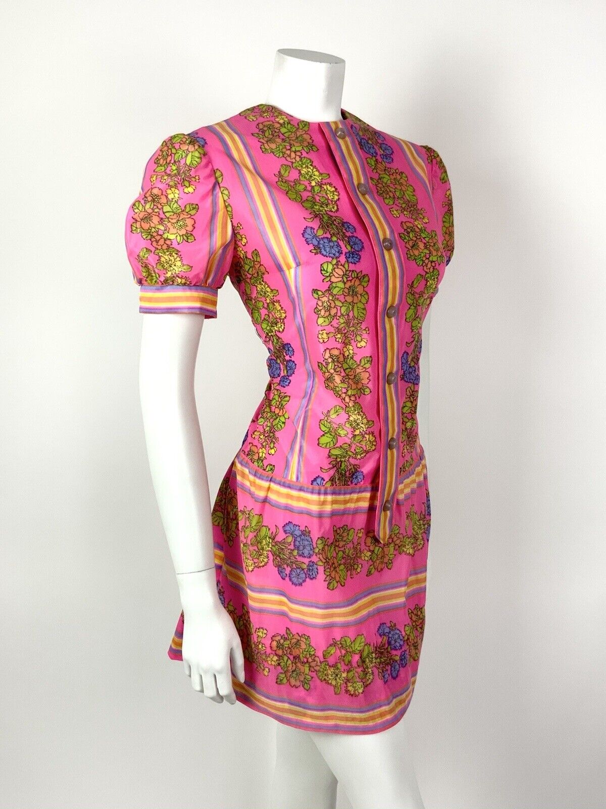 VTG 60s 70s NEON PINK YELLOW PURPLE STRIPED FLORAL MOD DROP WAIST DRESS 10 12
