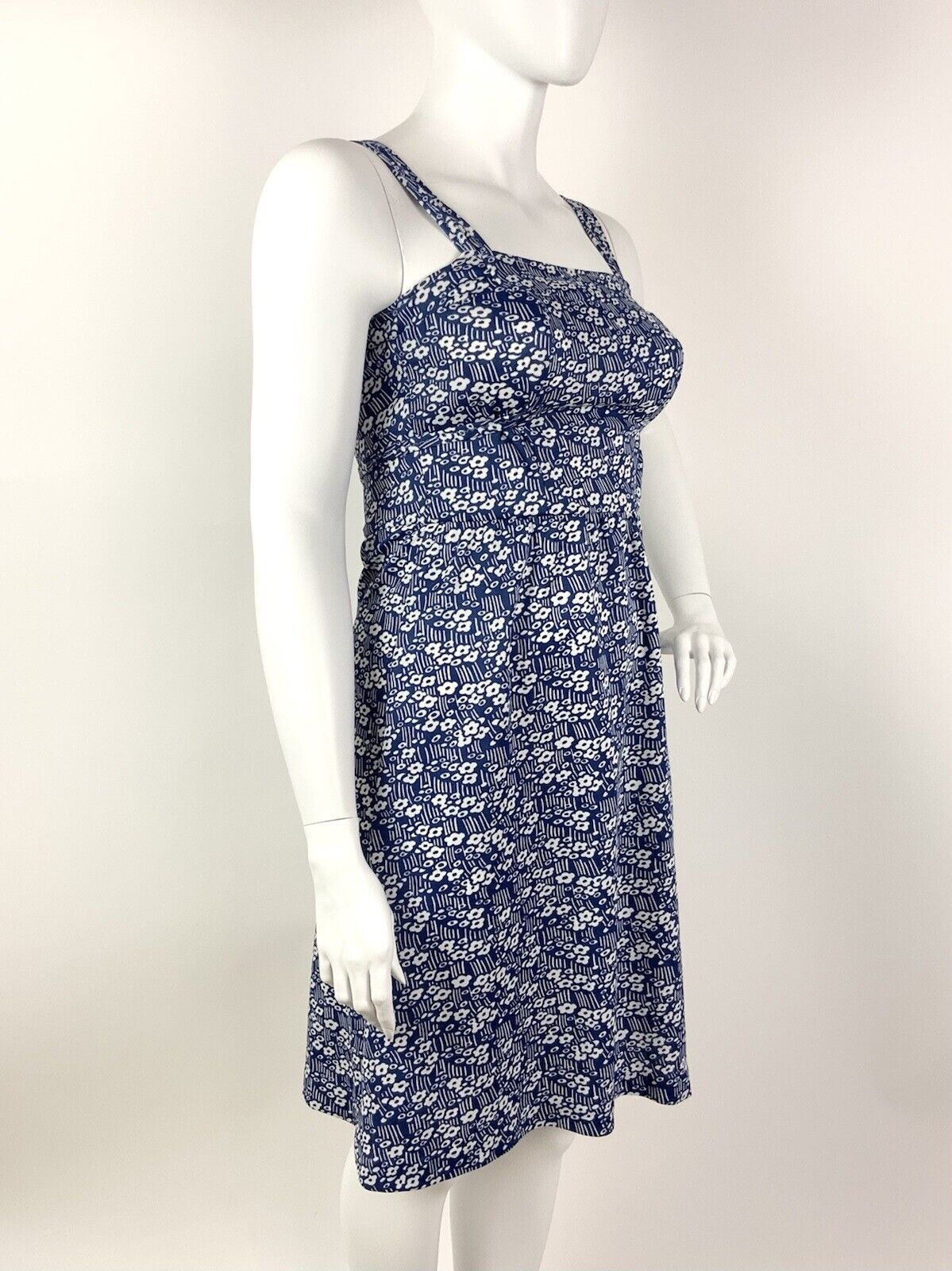 VINTAGE 60s 70s BLUE WHITE FLORAL DITSY DAISY STRIPED STRAPPY MOD SUN DRESS 14