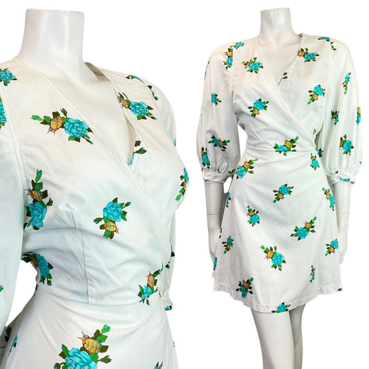 VINTAGE 60s 70s WHITE BLUE GOLD ROSE BEETLE WRAP PUFF SLEEVE MOD SWING DRESS 10