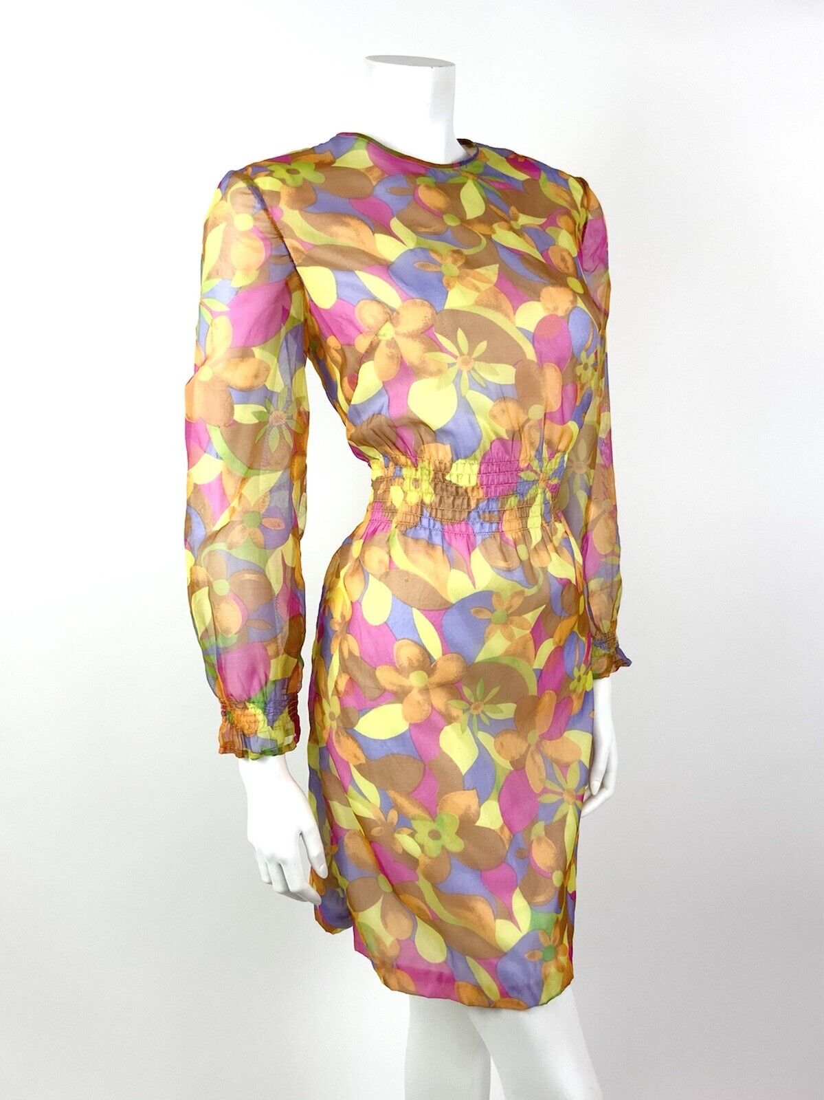 VINTAGE 60s 70s YELLOW PINK PURPLE PSYCHEDELIC FLORAL SHEER MOD DRESS 12 14