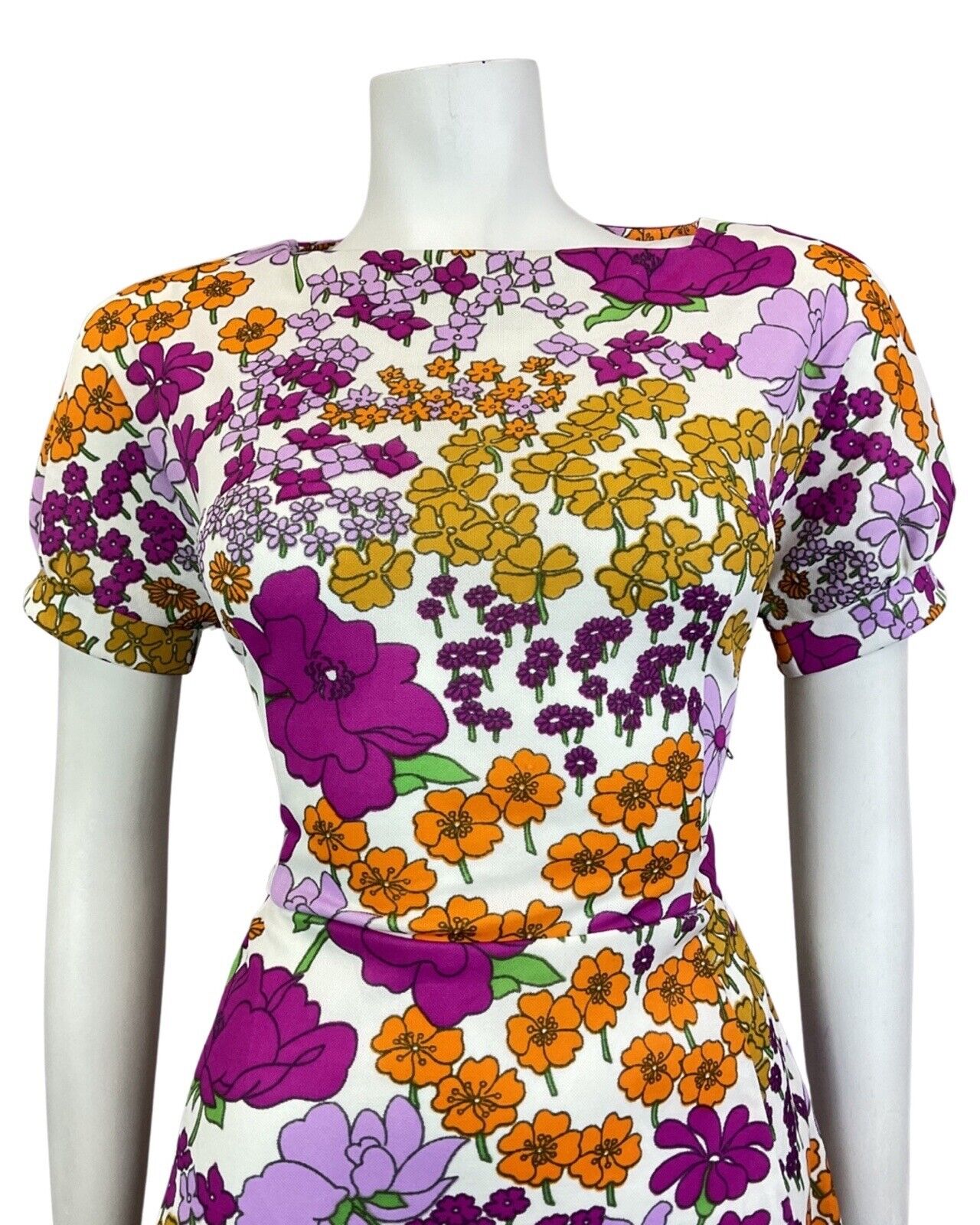 VINTAGE 60s 70s PURPLE WHITE YELLOW FLORAL MOD SHORT SWING DRESS 8 10