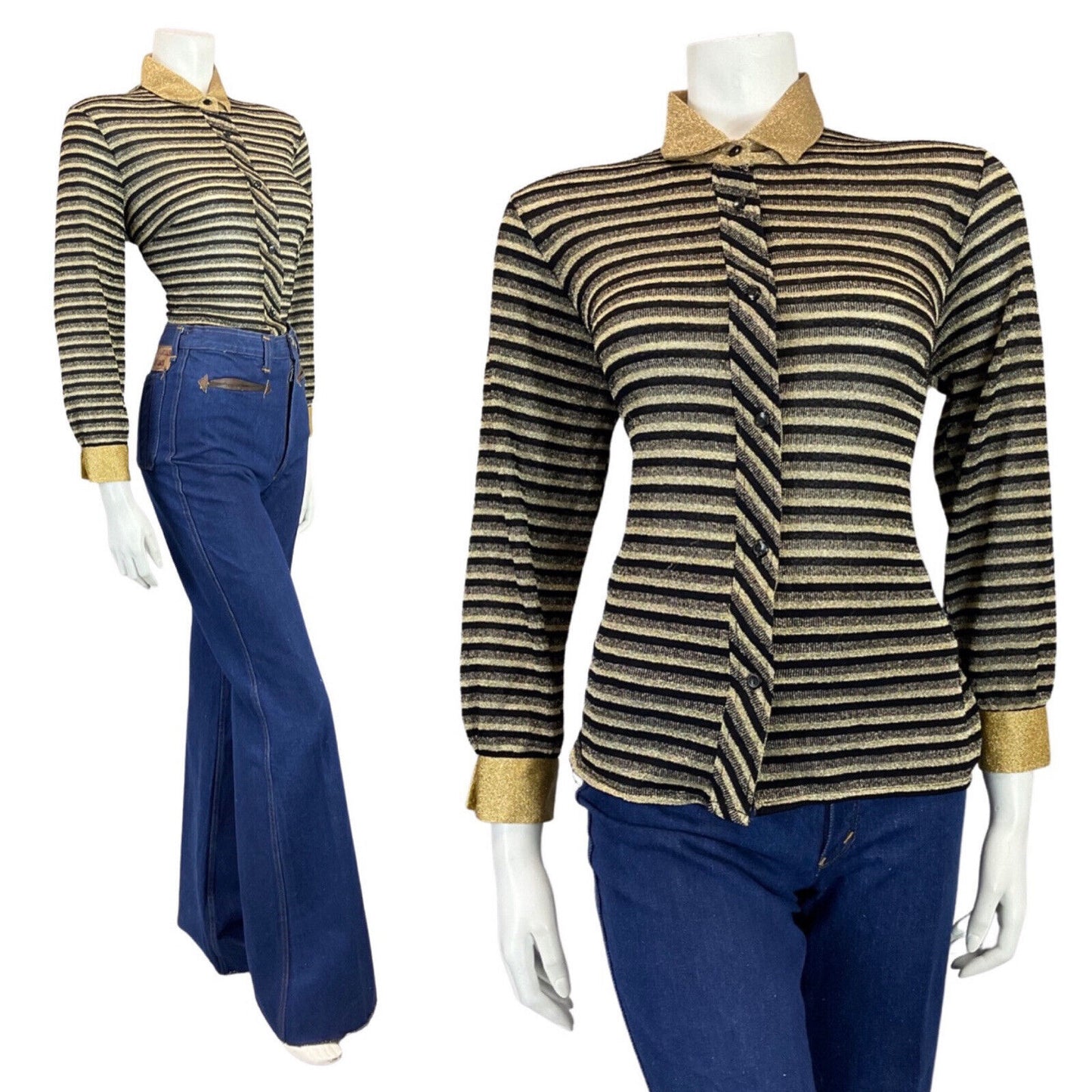 VINTAGE 60s 70s BLACK GOLD STRIPED DISCO PARTY MOD LUREX BLOUSE SHIRT 12 14