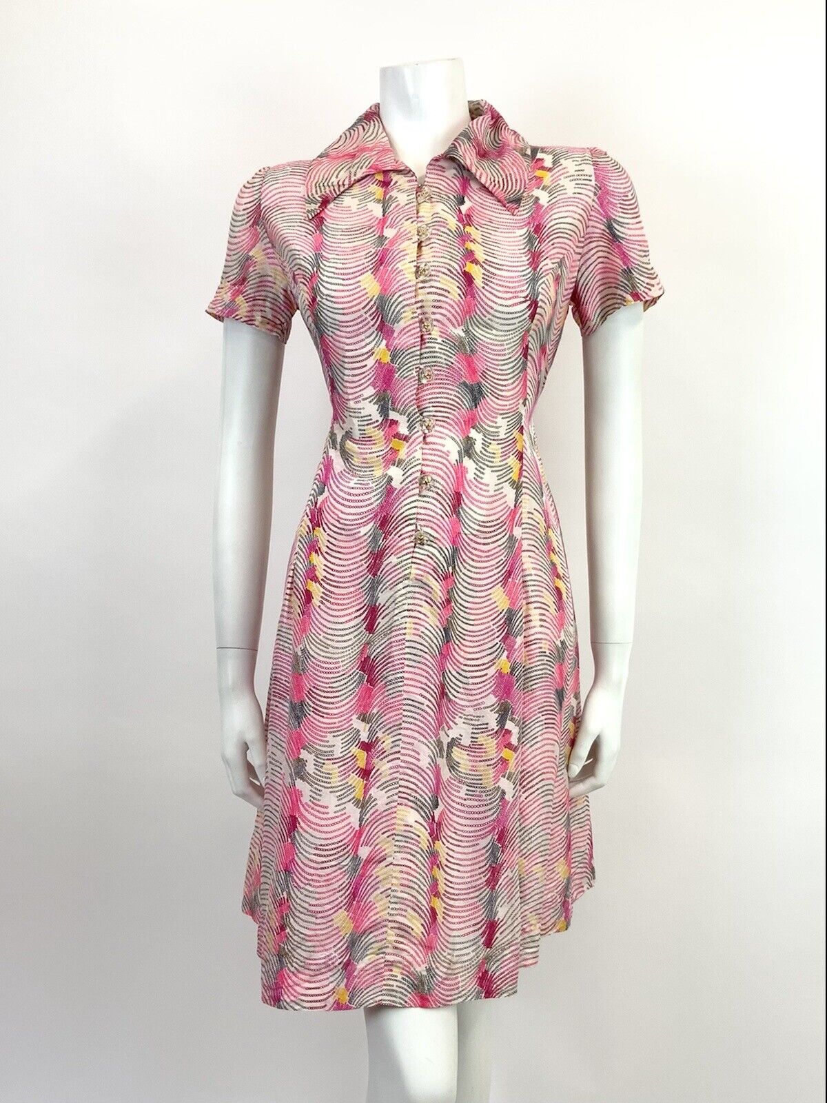 VTG 60s 70s PINK YELLOW WHITE WAVY PSYCHEDELIC WING COLLAR MOD SHIRT DRESS 10 12