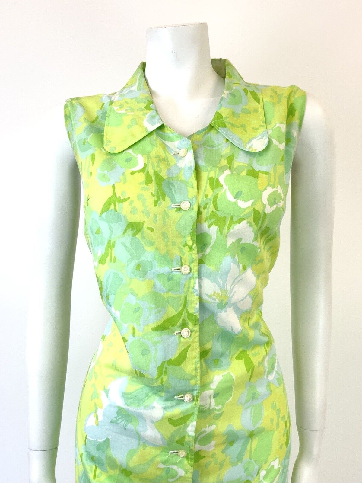 VTG 60s 70s GREEN BLUE YELLOW PSYCHEDELIC FLORAL SPOON COLLAR MOD DRESS 14 16