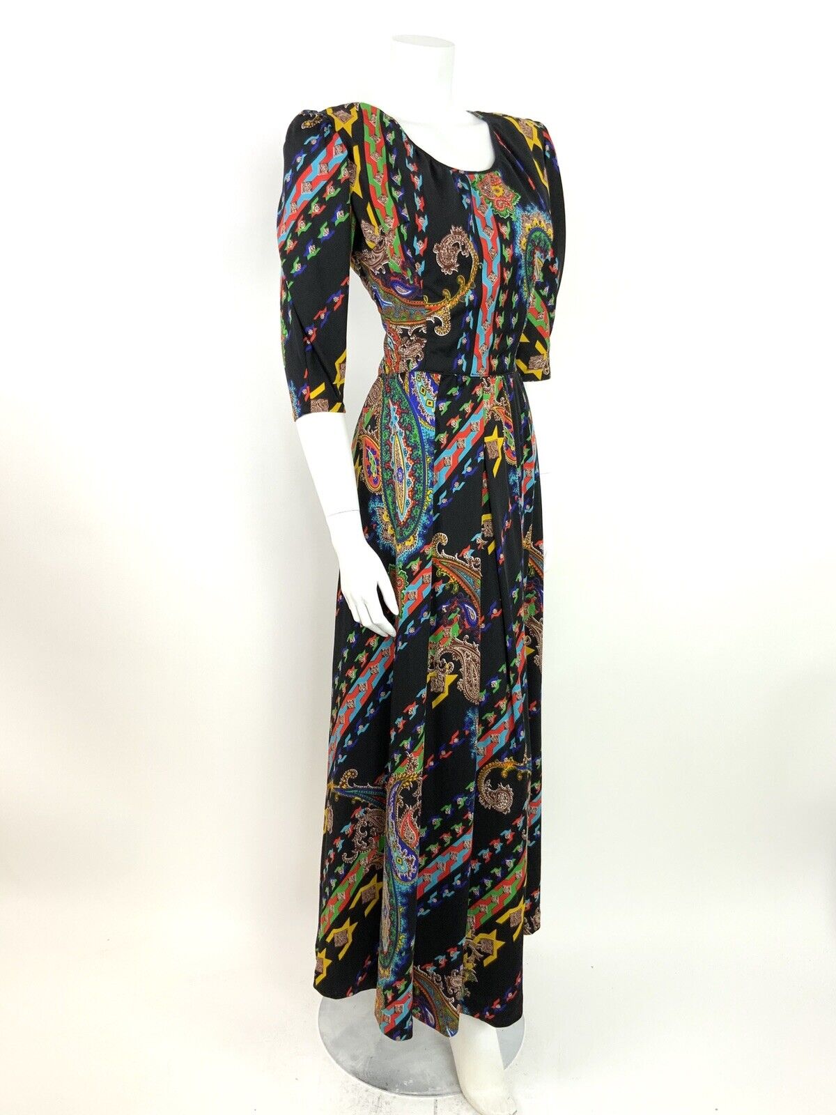 VINTAGE 60s 70s PAISLEY PSYCHEDELIC BLACK YELLOW BLUE RED GREEN MAXI DRESS 8