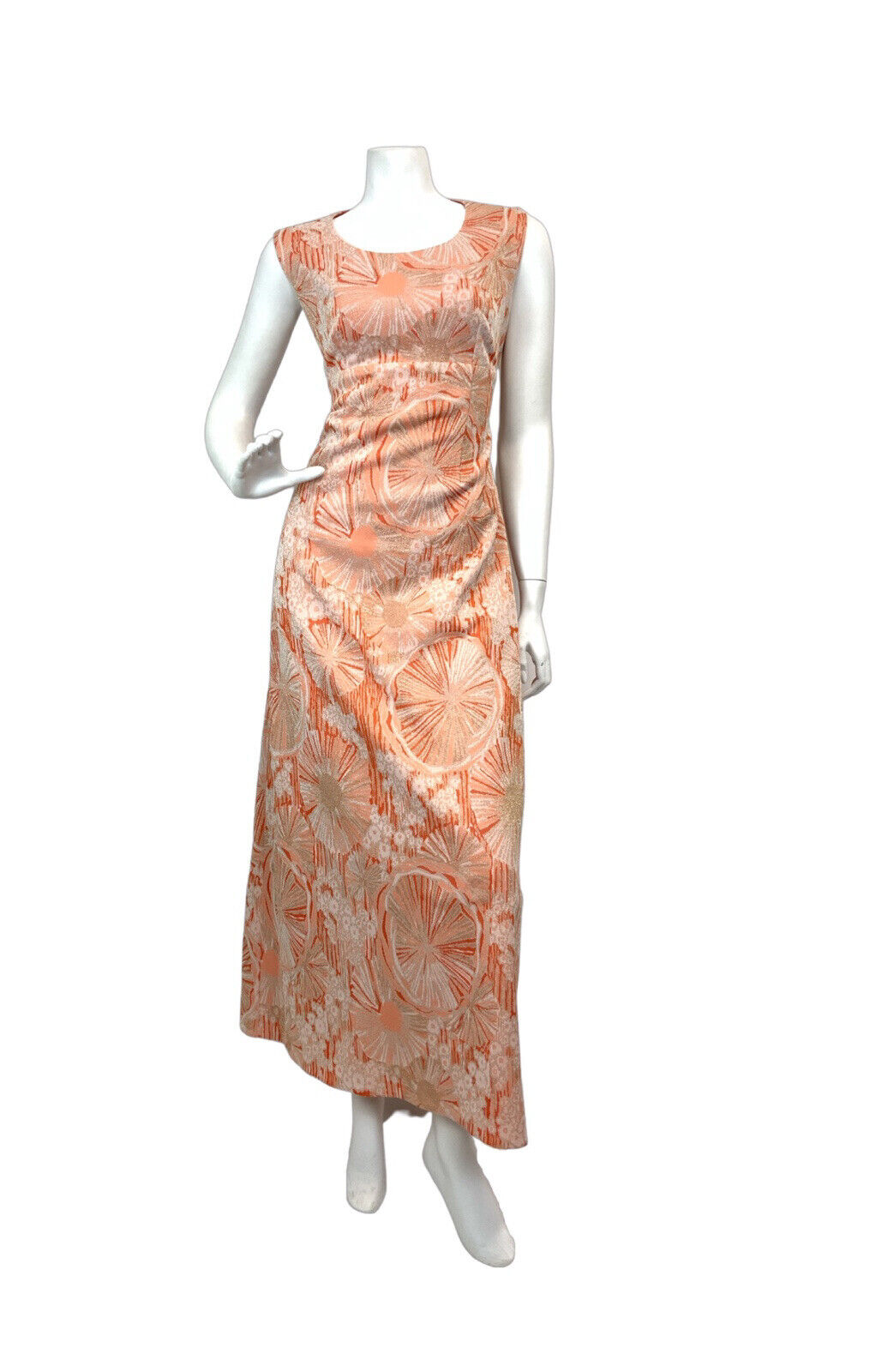 VINTAGE 60s 70s ORANGE WHITE GOLD PSYCHEDELIC FLORAL MOD LUREX MAXI DRESS 10 12