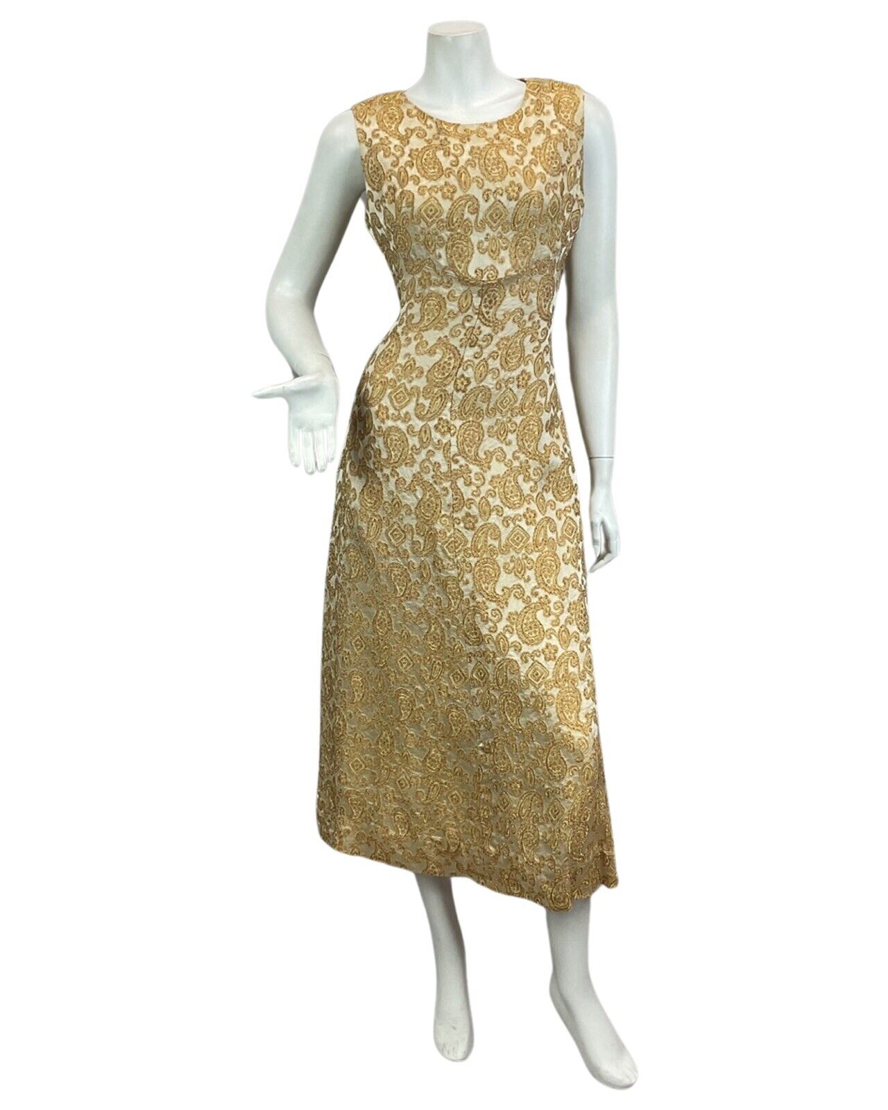 VTG 60s 70s GOLD BRONZE PAISLEY PRINT EMBROIDERED BOHO PARTY MAXI DRESS 10 12